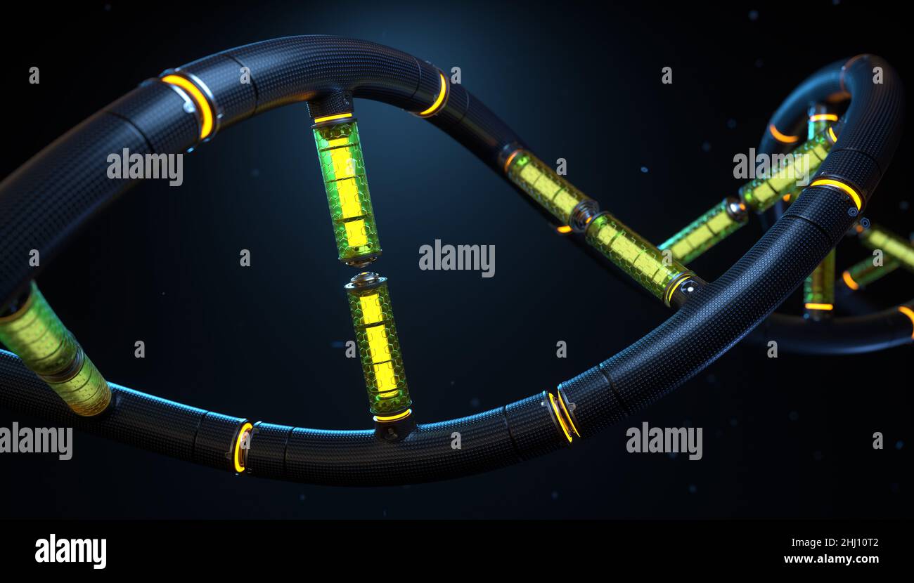Filamento de ADN cibernético artificial. Ilustración 3D Foto de stock