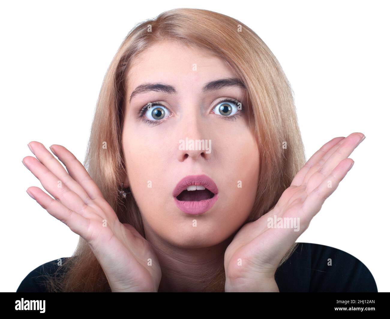 La mujer cara emoción sorprendida aislado en el blanco Foto de stock