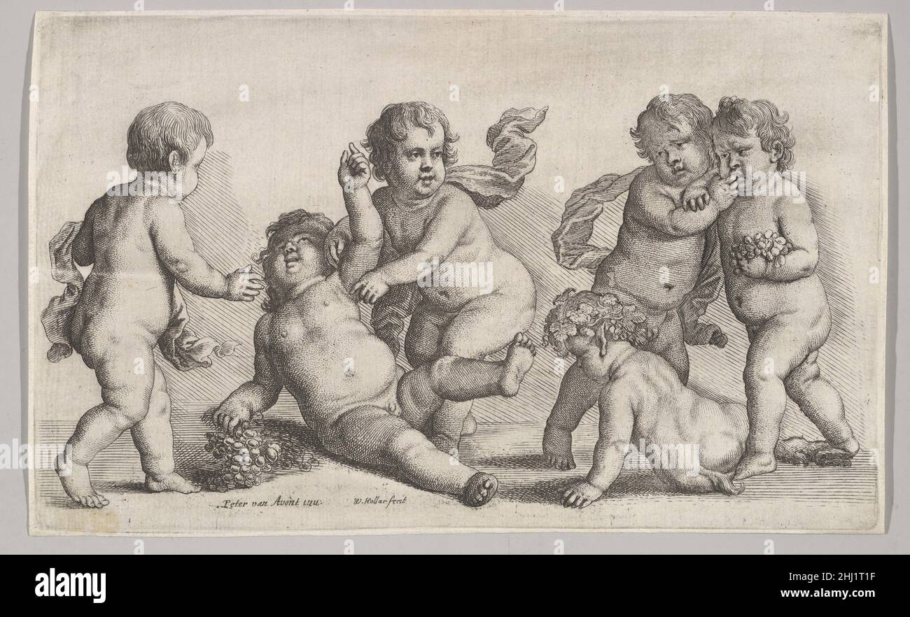 Cinco muchachos y un satyr 1625–77 Wenceslaus Hollar Bohemian Cinco muchachos bailan sobre el muchacho satyr sentado a la derecha. Cinco niños y un satyr 368066 Foto de stock