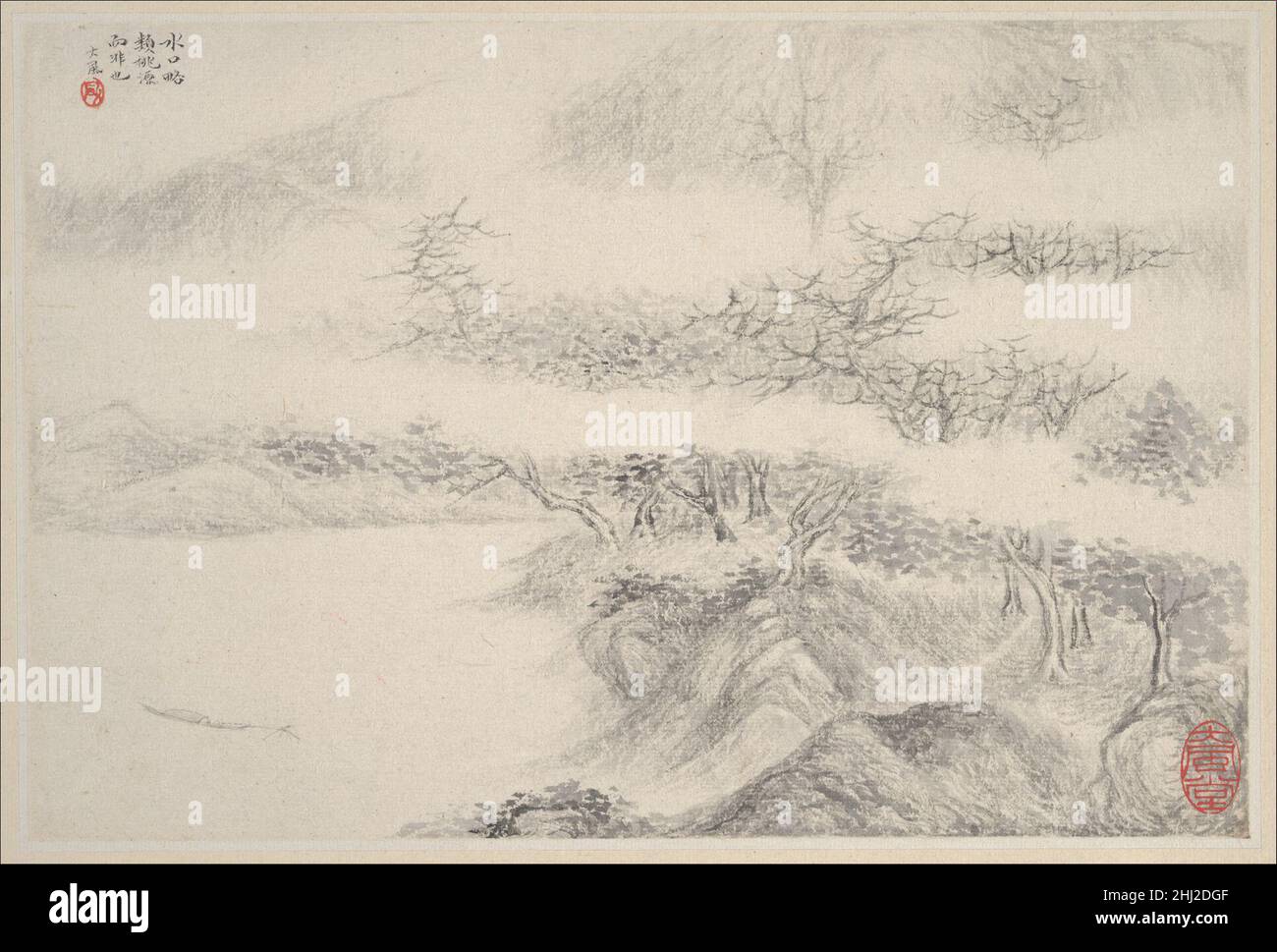 Paisajes de 1644 Zhang Feng Chinese Tras la caída de Beijing al rebelde bandido Li Zicheng en abril de 1644, Nanjing sufrió un año caótico de guerra entre un régimen lealista Ming y las fuerzas atacadoras de Manchu. Este álbum fue pintado en agosto de 1644 cuando la dinastía Ming se desmoronaba. Al crear estas imágenes idílicas del mundo de la reclusa, Zhang Feng se convirtió en el estilo seco pálido de Ni Zan (1306–1374), pero la ligereza más esamnadora del toque de Zhang añade un nuevo encanto lírico al estilo de Ni. Muy interesado en el lenguaje, Zhang explora la interacción expresiva de la ima visual y poética Foto de stock