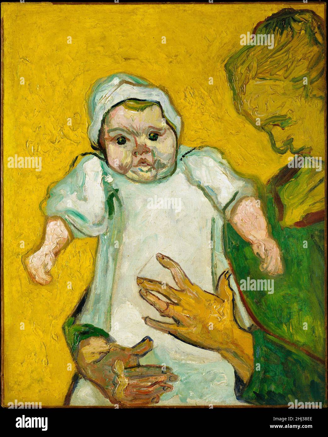 Madame Roulin y su bebé 1888 Vincent van Gogh Dutch Este retrato vigorosamente pintado de Augustine Roulin y su hija menor, Marcelle, es uno de los muchos y evocadores renderings de Van Gogh de la familia Roulin, realizado unos seis meses después de que el artista se trasladara de París a Arles. Van Gogh pintó a toda la familia del cartero local Joseph Roulin. Aquí, el infante chubbycheeked es el foco de la empresa. Su mayor expresión en un pincel espeso sugiere que el bebé puede haber posado para van Gogh, envuelto en el abrazo de su madre. Augustine Roulin, por el contrario, es un a Foto de stock