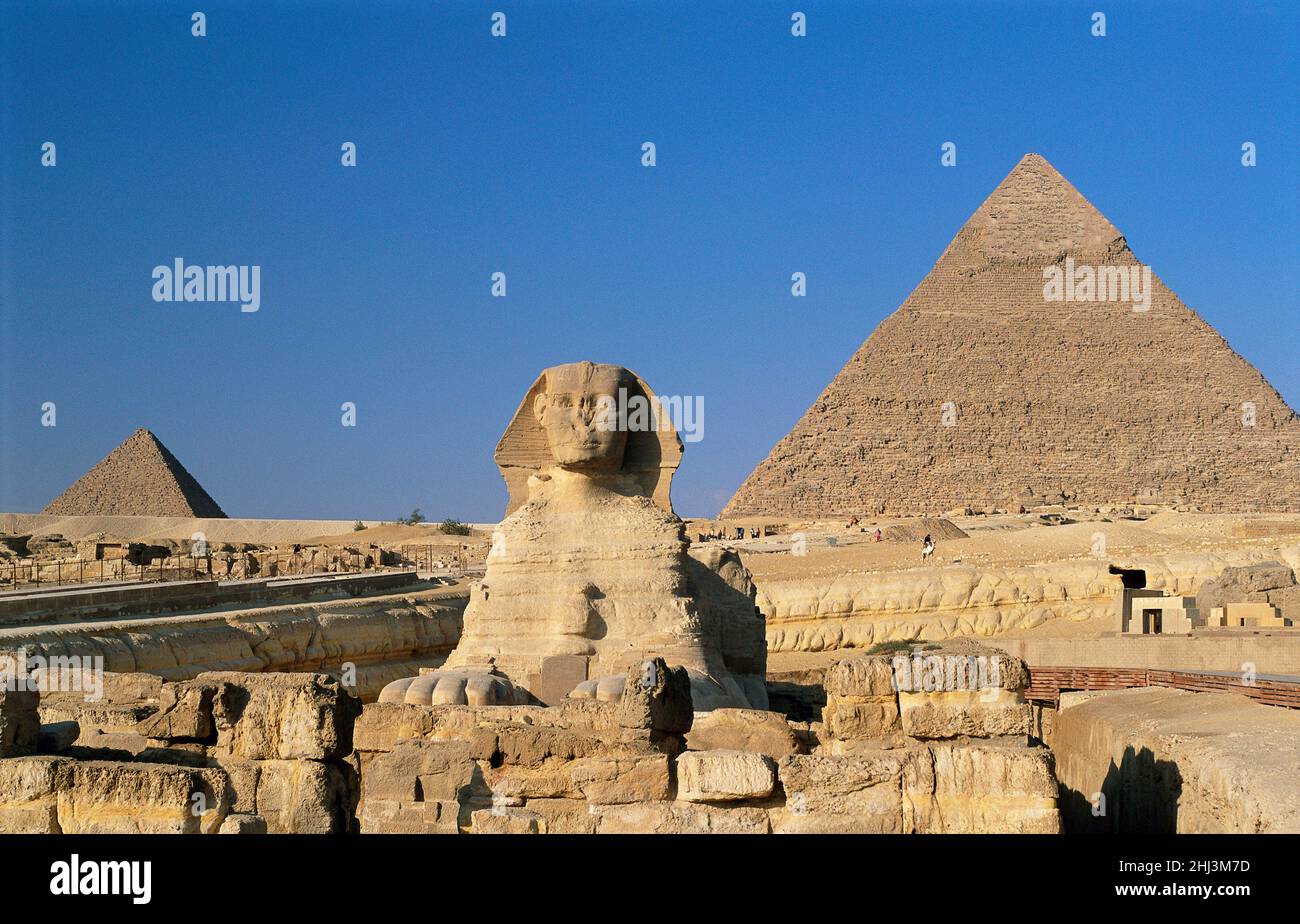 La Gran Esfinge frente a las Grandes Pirámides. Giza, Egipto Foto de stock