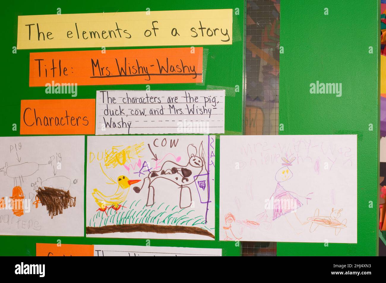 Clases de Kindergarten Artes del Lenguaje Inglés (ELA) Ilustraciones de los estudiantes de los personajes de una historia Foto de stock