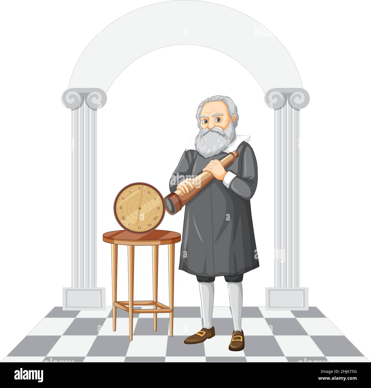 Galileo Galilei caricatura charater sobre la ilustración de fondo blanco Ilustración del Vector