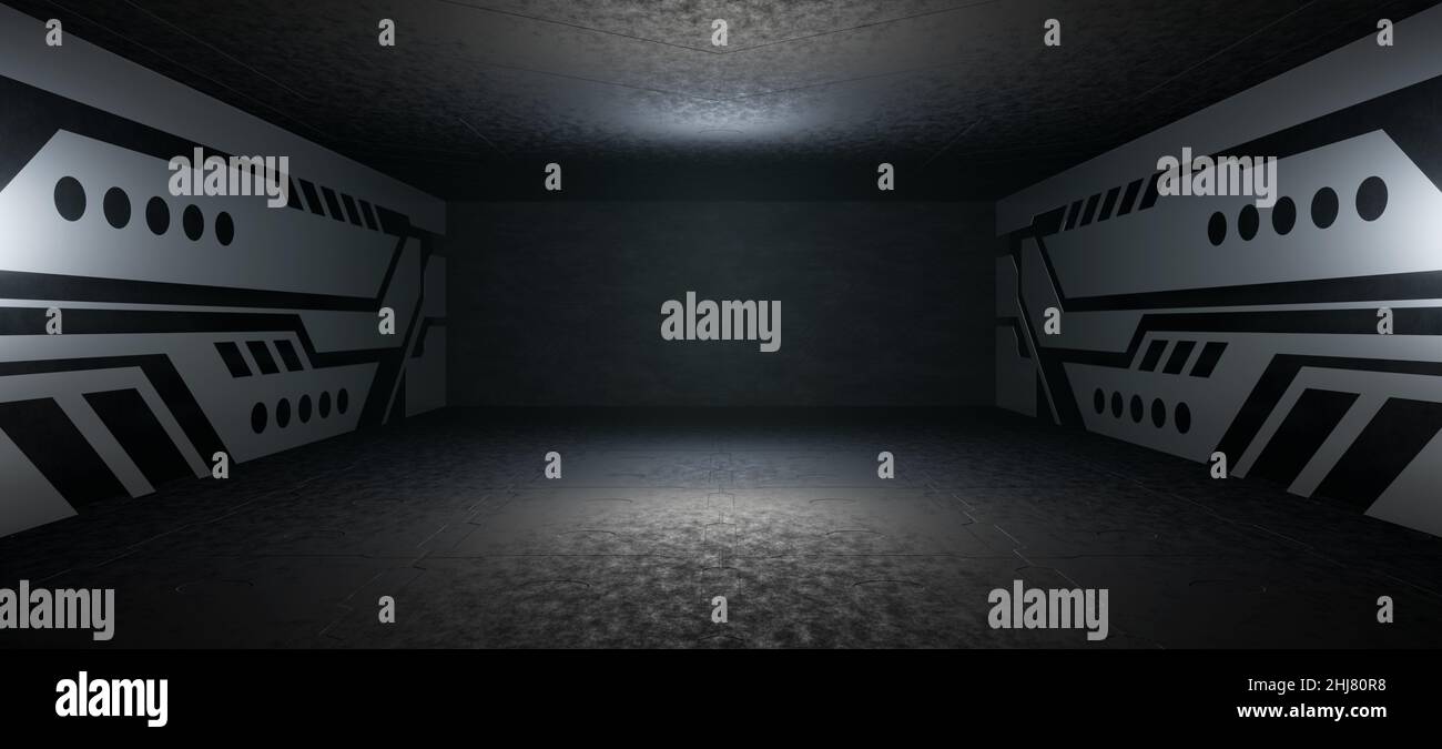Galactic Empty Hallway Room Garage Studio Dance Glowing Innovative Dark with Dark Slate Grey Colors Digital Futurism Concept 3D Rendering Foto de stock