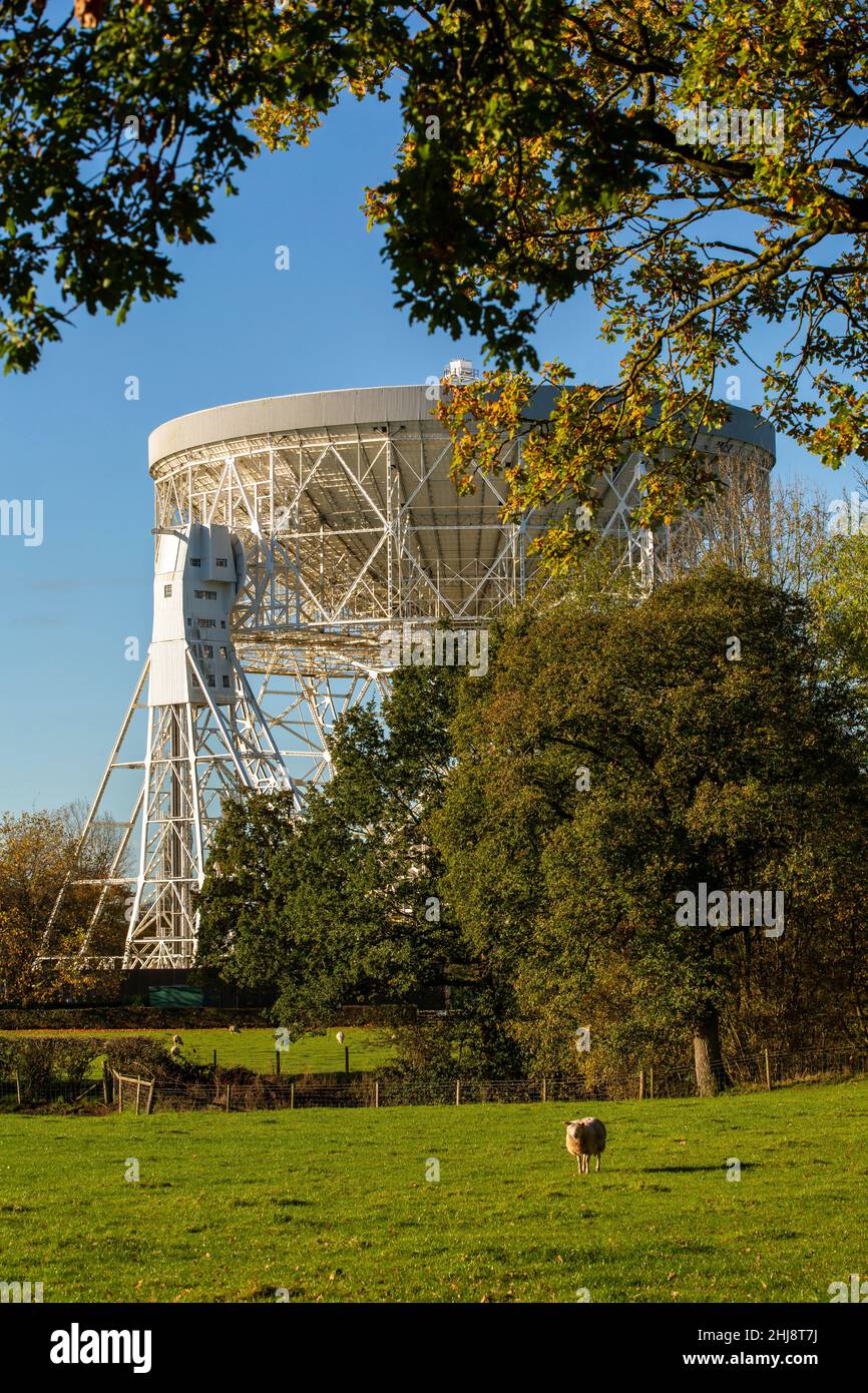 Reino Unido, Inglaterra, Cheshire, Goostrey, Universidad de Manchester, Jodrell Bank, Lovell Radio Telescope y las tierras de labranza circundantes en otoño Foto de stock