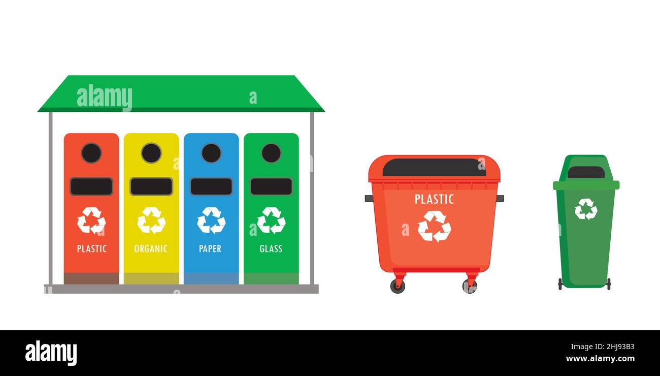 Papelera de reciclaje aislada sobre fondo blanco. Dibujos animados  reciclaje de contenedores de basura, ilustración de vector plano Imagen  Vector de stock - Alamy