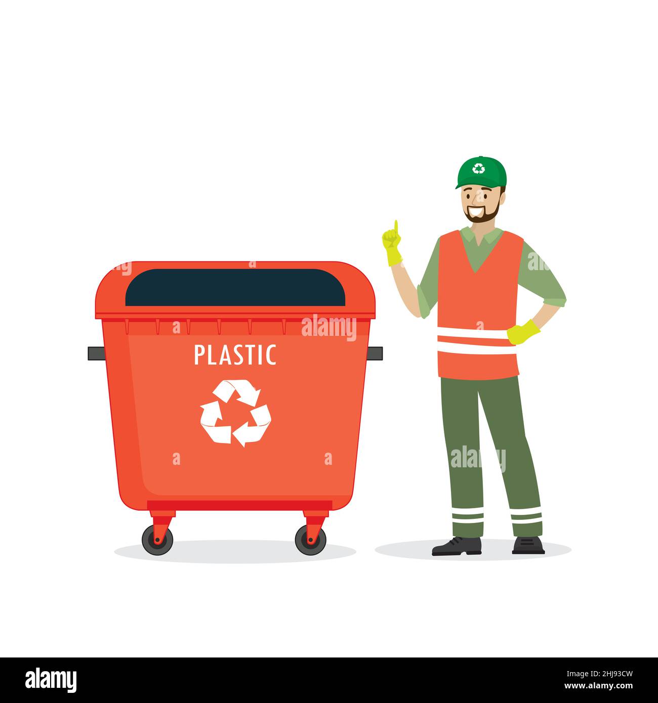 Servicio de recolección de basura. Hombre caucásico en un uniforme y rojo con basura plástica. Reciclaje sobre fondo blanco.Flat vec Imagen de stock - Alamy