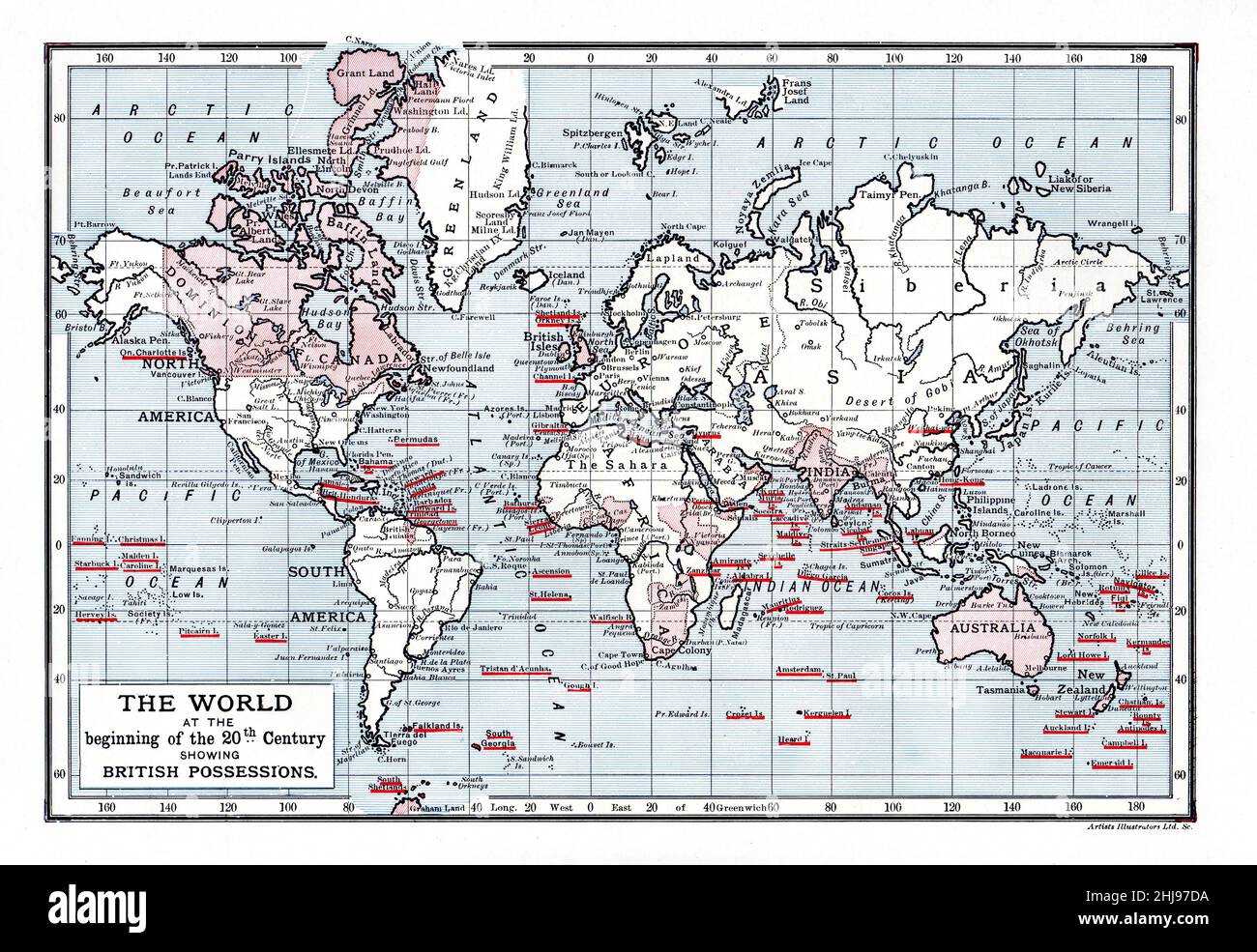 Ilustración en color; Mapa del mundo a principios del siglo 20th mostrando posesiones británicas Foto de stock
