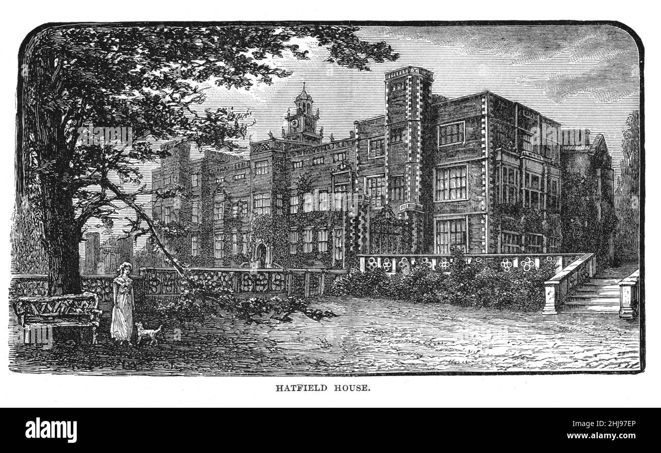 Ilustración en blanco y negro; Hatfield House, Hertfordshire. Sede del Marqués de Salisbury, como se habría visto alrededor de 1893 Foto de stock