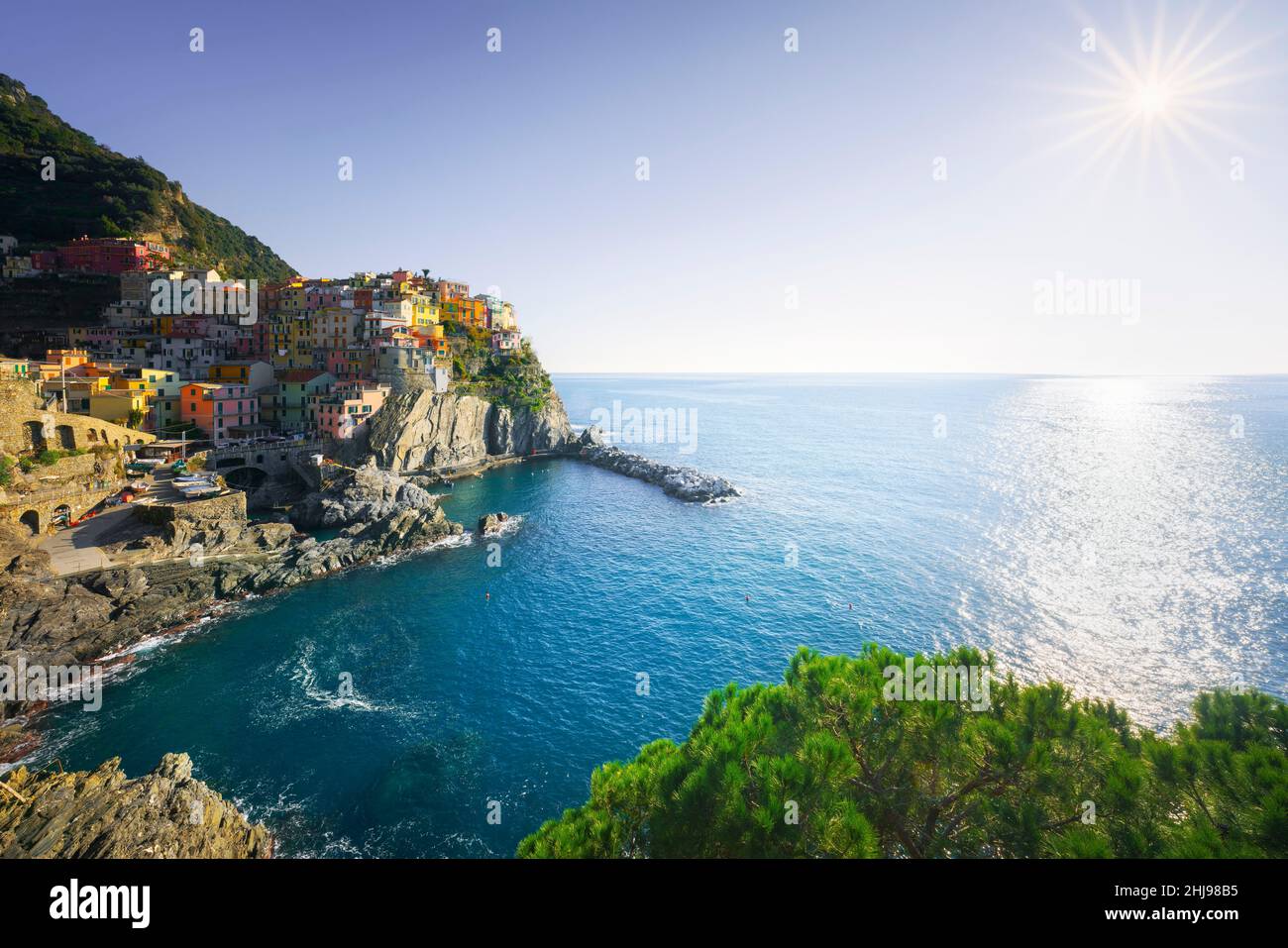 Manarola, pueblo en las rocas, en un día claro. Paisaje marino en el Parque Nacional Cinque Terre, Sitio de la Unesco, región de Liguria, Italia, Europa. Foto de stock