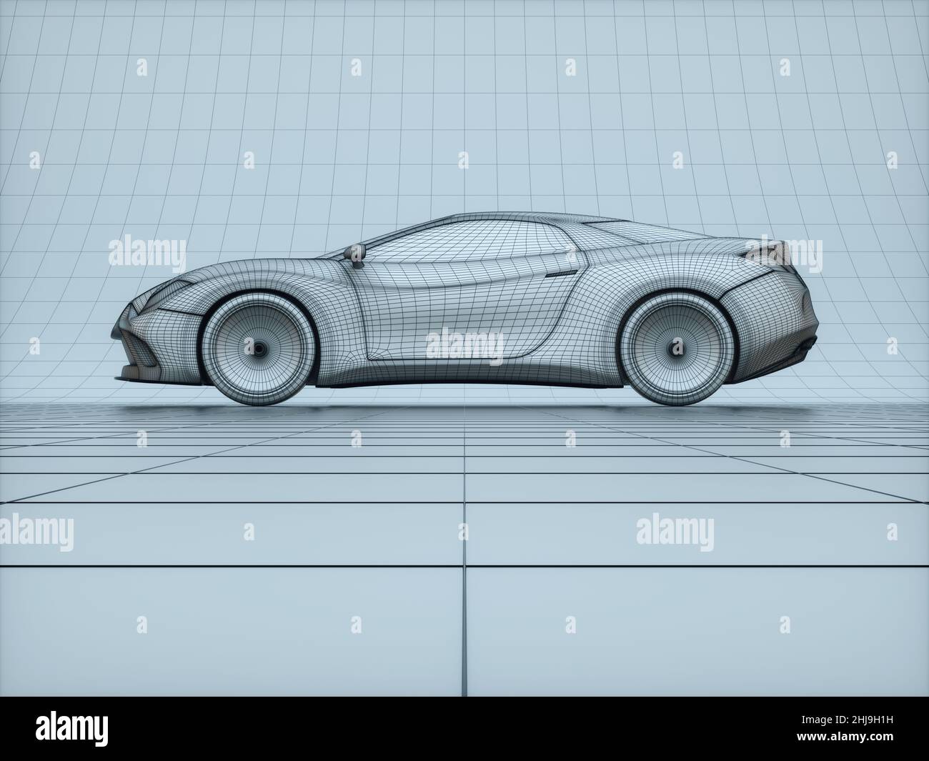 Concepto de Blueprint de coche deportivo fabricado en software 3D. Imagen conceptual de prototipos y ensayos aerodinámicos. Foto de stock