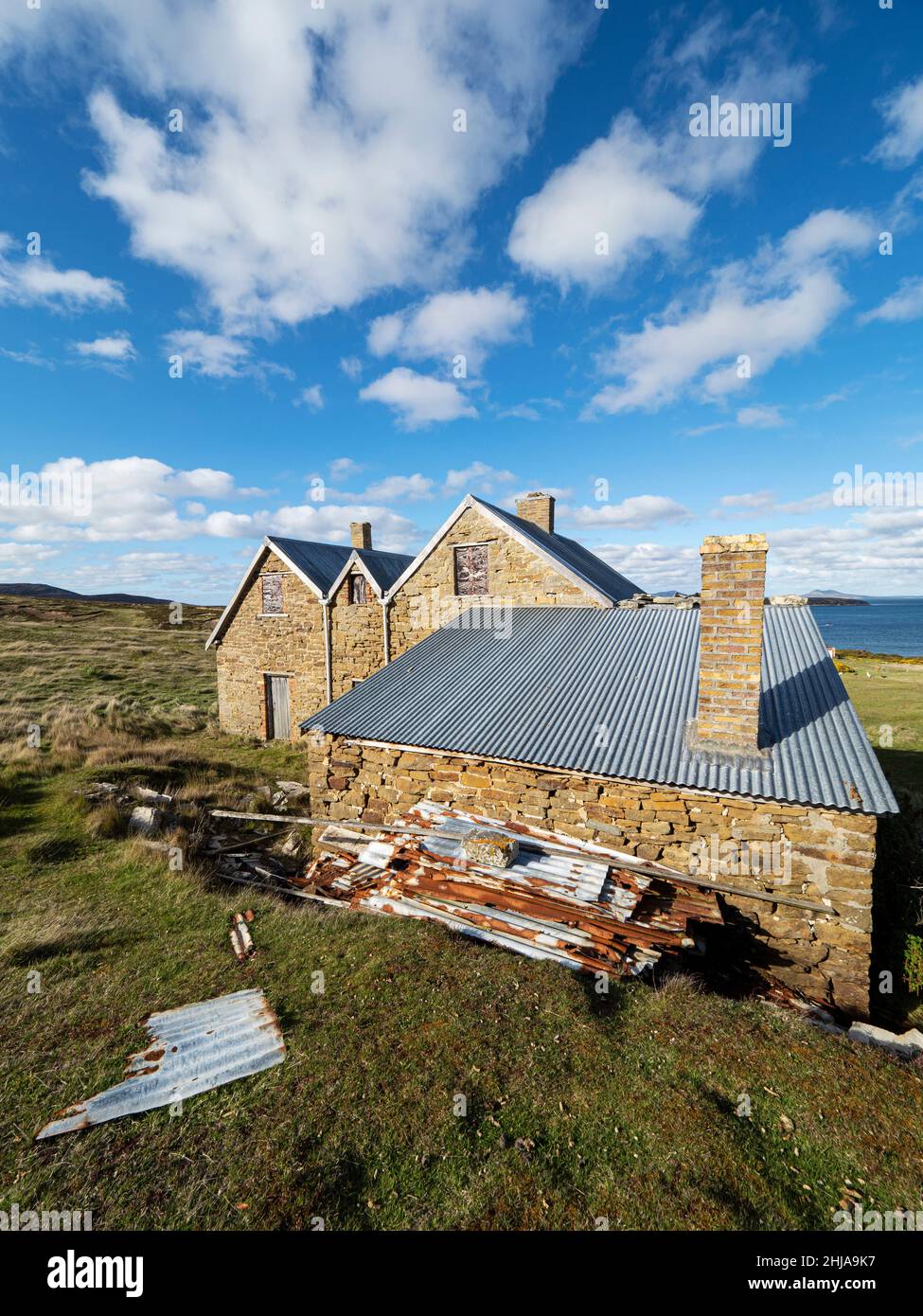 Vista del asentamiento de ovejas abandonado en 1992 en la isla de Keppel, Falklands. Foto de stock