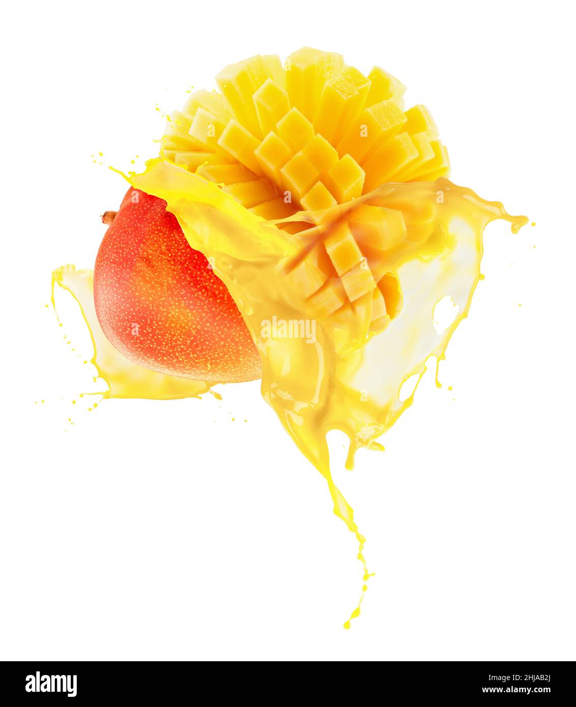 En jugo de mango splash aislado sobre un fondo blanco. Foto de stock