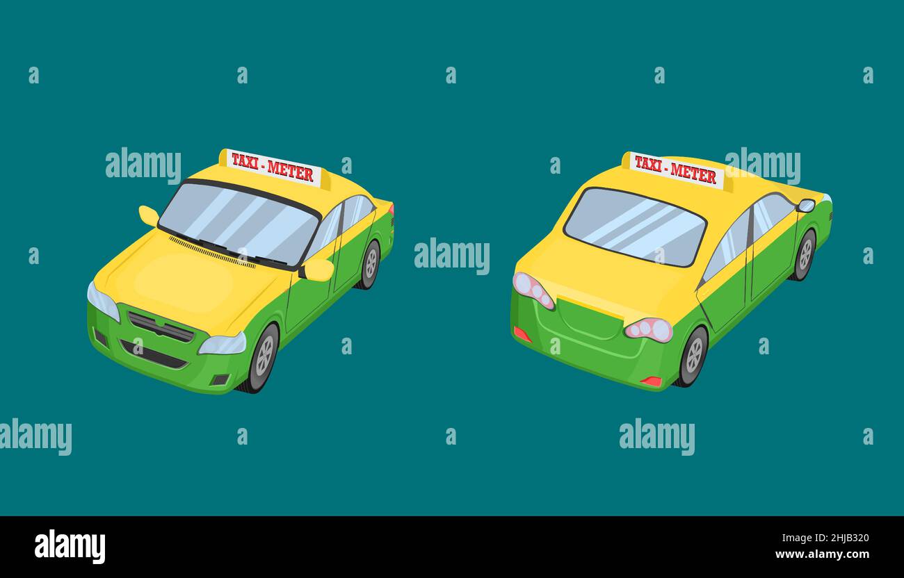 3d tailandés taxi cap car front back lateral view servicio de transporte vehículo pasajero tipo amarillo verde vector illa ilustración eps10 Ilustración del Vector