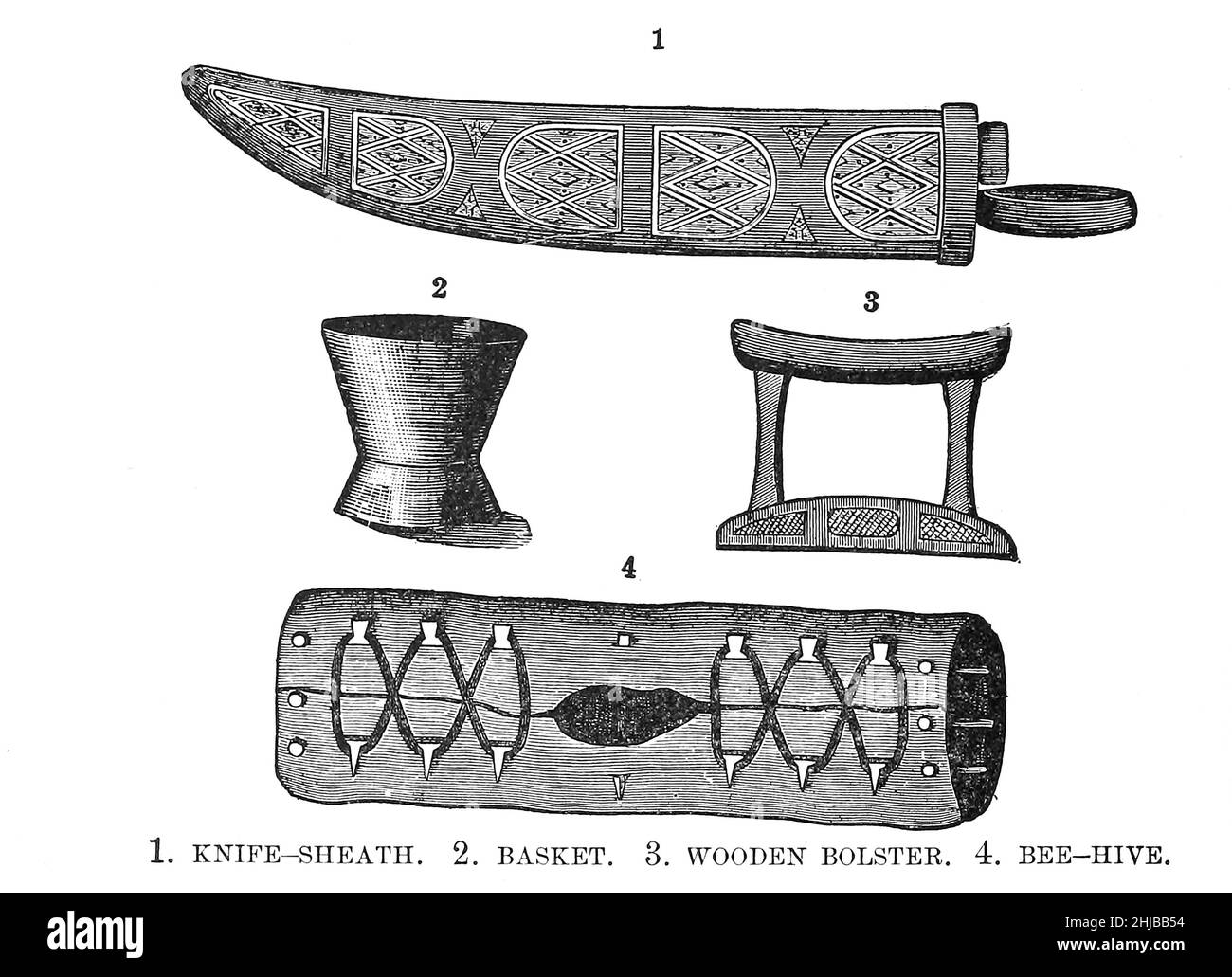 1. Funda de cuchilla; 2. Cesta; 3. Relleno de madera; 4. Beehive del libro Stanley in Africa. Los maravillosos descubrimientos y emocionantes aventuras del gran explorador africano, y otros viajeros, pioneros y misioneros por James Penny Boyd, Editor: Philadelphia, Pa.; St. Louis, Mo., P. W. Ziegler & CO en 1889 Foto de stock