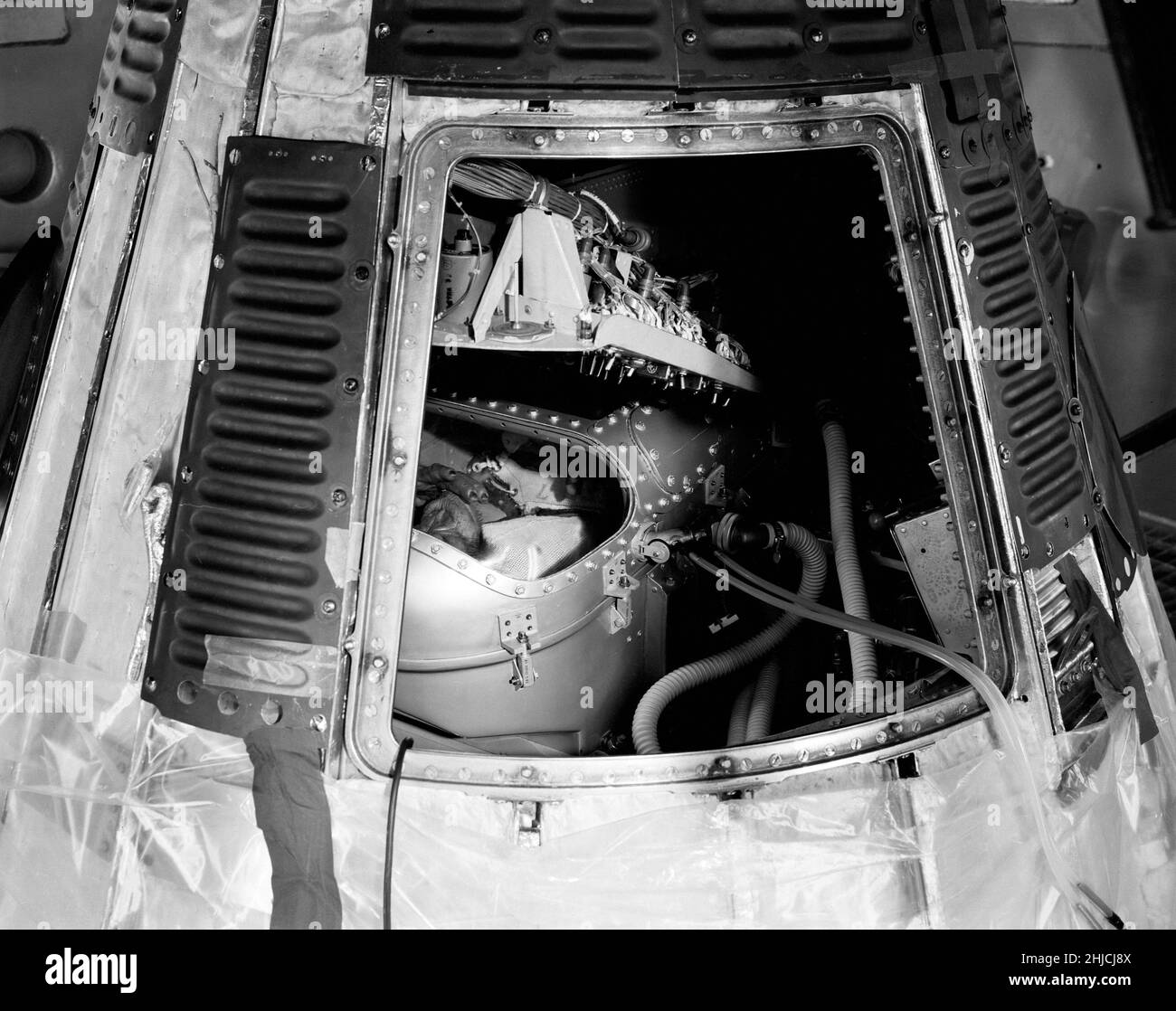 Mercury-Redstone 2 nave espacial 5 mostrando a Ham el chimpa en su sofá de biopack antes del despegue. El 31 de enero de 1961, un lanzamiento de Mercury-Redstone desde Cabo Cañaveral llevó al chimpancé, Ham, más de 400 millas de distancia en una trayectoria arqueada que alcanzó un pico de 158 millas por encima de la Tierra. La misión fue exitosa y Ham realizó su tarea de tirar de la palanca bien en respuesta a la luz intermitente. Foto de stock