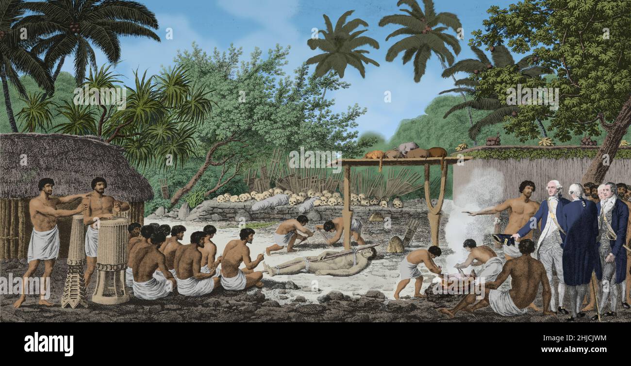 Sacrificio humano en un morai en Otaheite. El Capitán James Cook (1728 - 1779) fue un intrépido explorador, navegante y cartógrafo inglés en la Royal Navy. Es famoso por mapear tierras desde Nueva Zelanda a Hawai en el Océano Pacífico en mayor detalle y en una escala que no se había logrado anteriormente. En 1779 fue atacado y muerto por los nativos de Hawai. Foto de stock