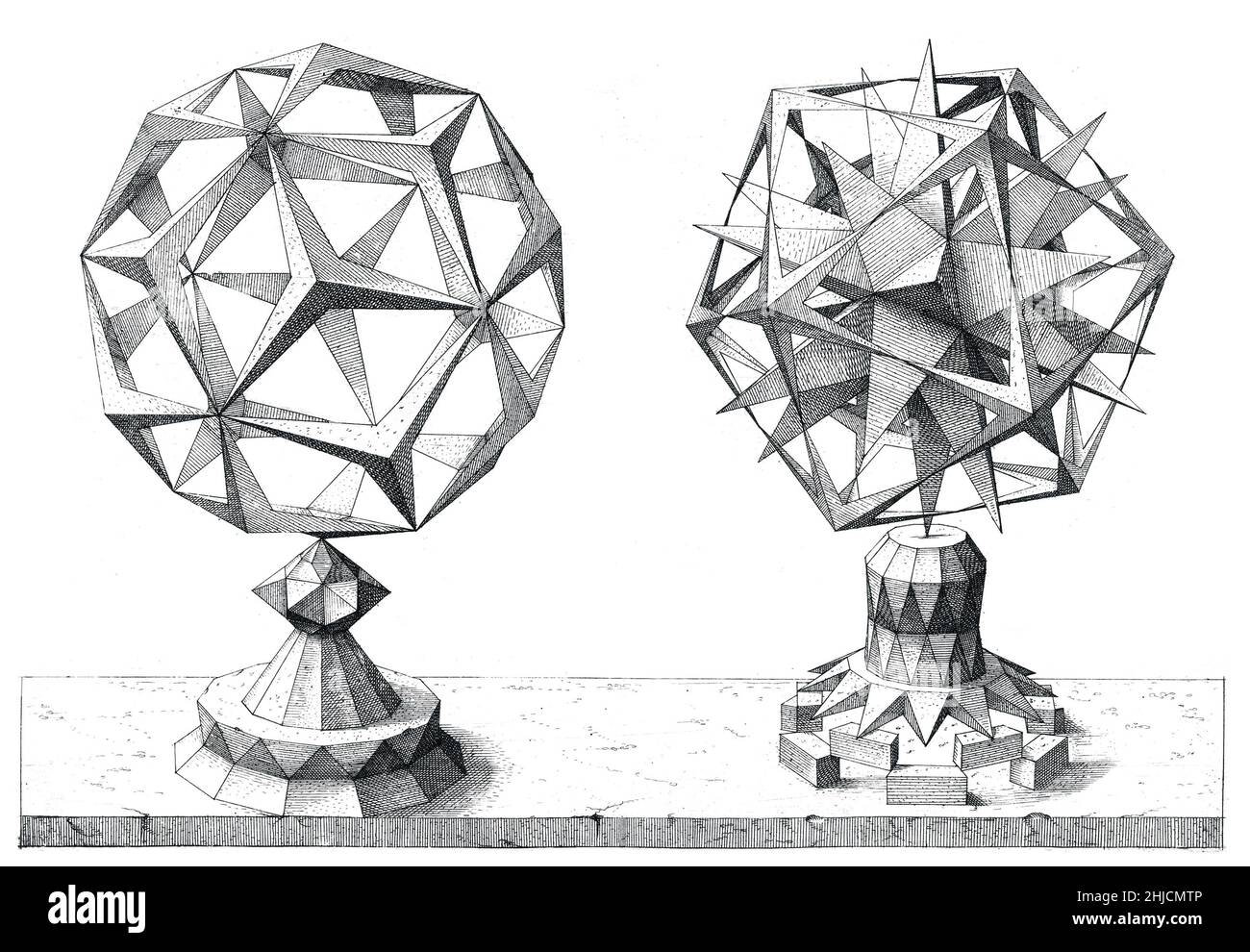 Variaciones poliédricas basadas en los cinco sólidos platónicos, o 'cuerpos regulares': El tetraedro, el cubo, el octaedro, el dodecaedro y el icosaedro. Desde Persptiva corporum Regularium (perspectiva de los cuerpos regulares), un compendio de geometría perspectival destinado a mostrar las habilidades gráficas de Wenzel Jamnitzer, un famoso orfebre alemán del siglo XVI. Grabado por Jost Amman (Suiza, 1539-1591) después de Jamnitzer. Foto de stock