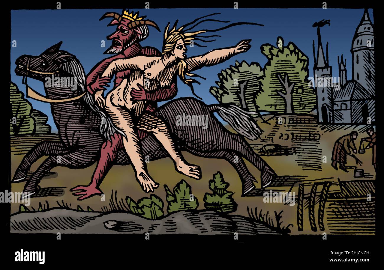 Libro 3, Capítulo 21. Sobre el castigo de las brujas. Una historia de una bruja de Inglaterra, no del Norte. Como castigo por sus malas obras, toda su familia murió. En su desesperación, pidió ser enterrada viva. A la derecha vemos el sarcófago vacío en el que fue sepultado y las tres cadenas que lo sellaron. La tumba fue rota y el diablo ahora la quita sobre su caballo. Olaus Magnus (1490 de octubre - 1 de agosto de 1557) fue un escritor sueco y eclesiástico católico. Es mejor recordarlo como el autor de la famosa Historia de Gentilbus Septentrionalibus (una Descripción de los Pueblos del Norte), pri Foto de stock