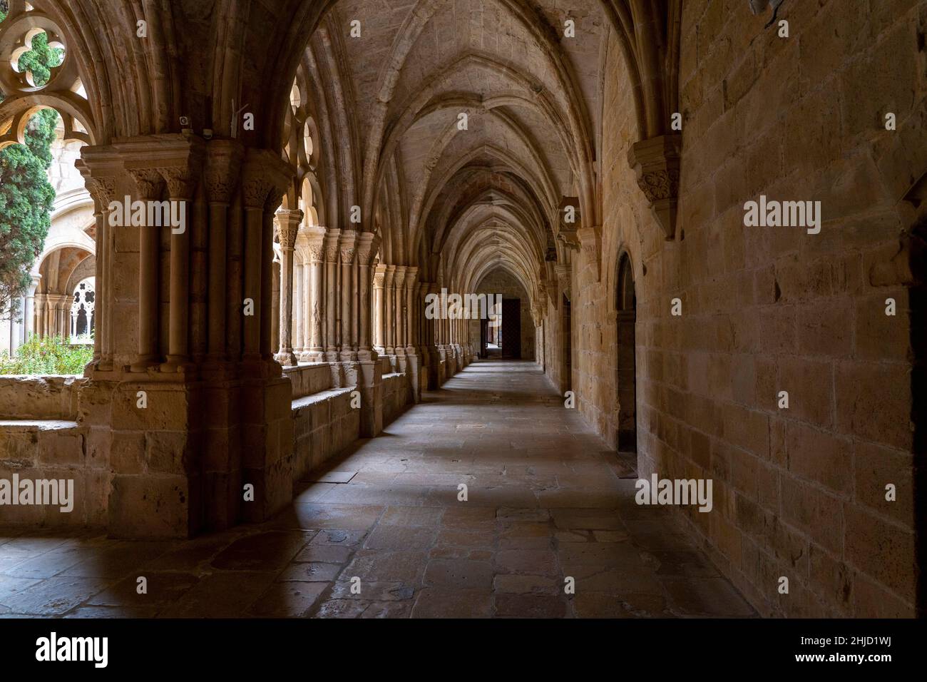 Claustro de la Abadía de Poblet, Reial Monestir de Santa Maria de Poblet, Cataluña, España. Se trata de un monasterio cisterciense, fundado en 1151, situado en la ciudad de f Foto de stock