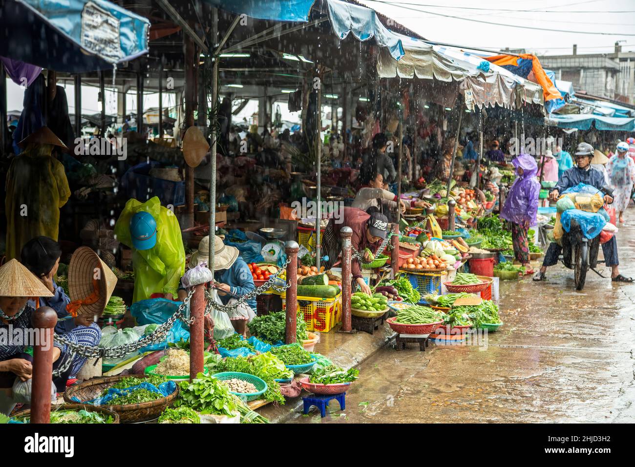 Día lluvioso en el Mercado Central, Hoi An, Vietnam Foto de stock