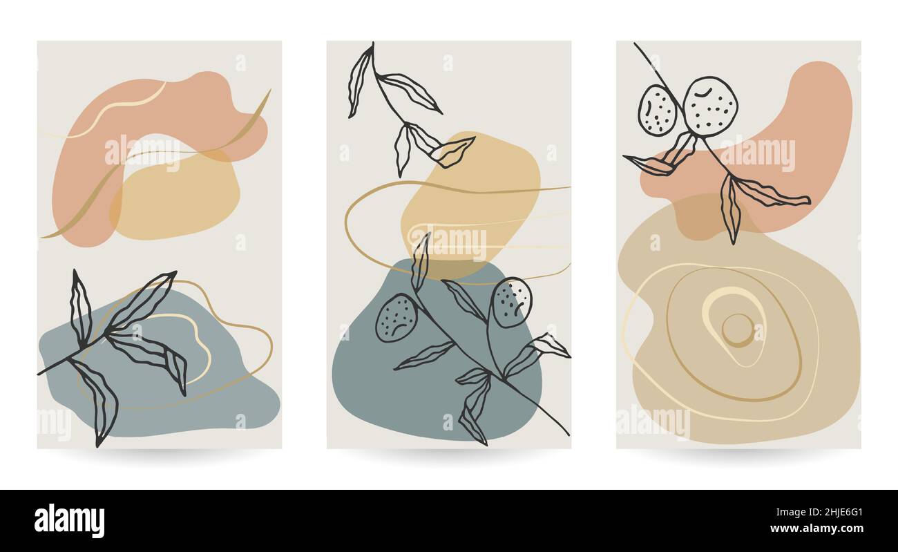 Conjunto de ilustraciones vectoriales abstractas para la decoración de la pared. Estampado bohemio estético minimalista con formas florales y abstractas. Tonos terrosos. Ilustración del Vector