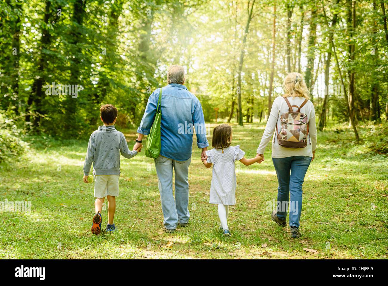 Nietos y abuelos caminando juntos rodeados de árboles en el parque Foto de stock