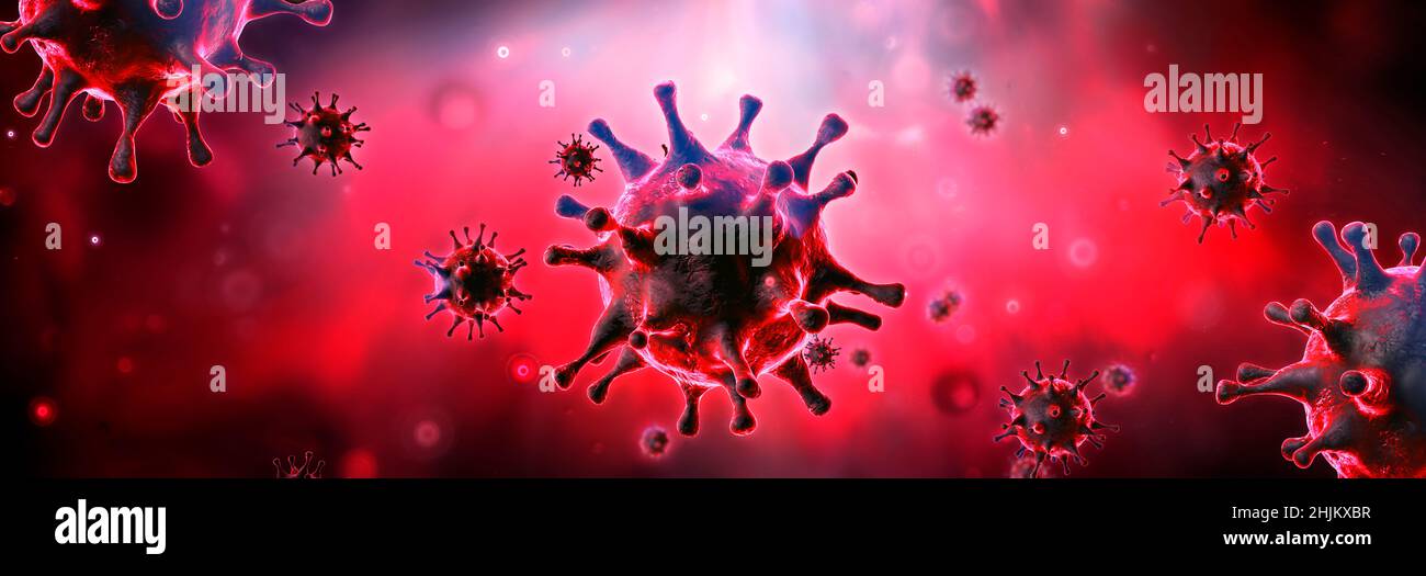 Variantes Covid de Omicra y Deltacron - Covid-19 Coronavirus en Fluido Rojo - 3D Renderizado Foto de stock
