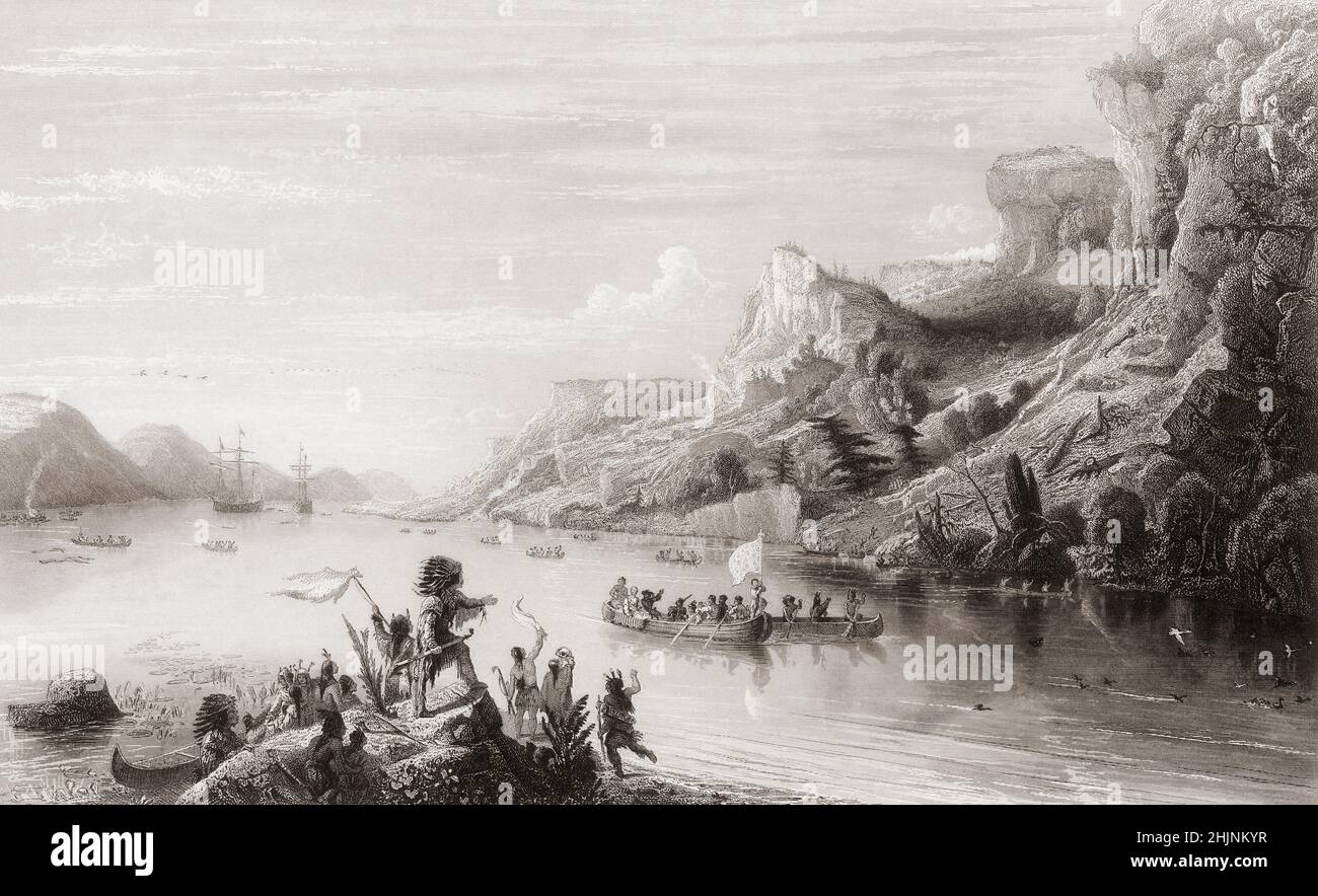 el explorador francés Jacques Cartier, de 1491 a 1557 años, y su expedición por el río San Lorenzo, saludados por los ciudadanos de la capital iroqueña de Stadacona. Después de un grabado del siglo 19th. Foto de stock