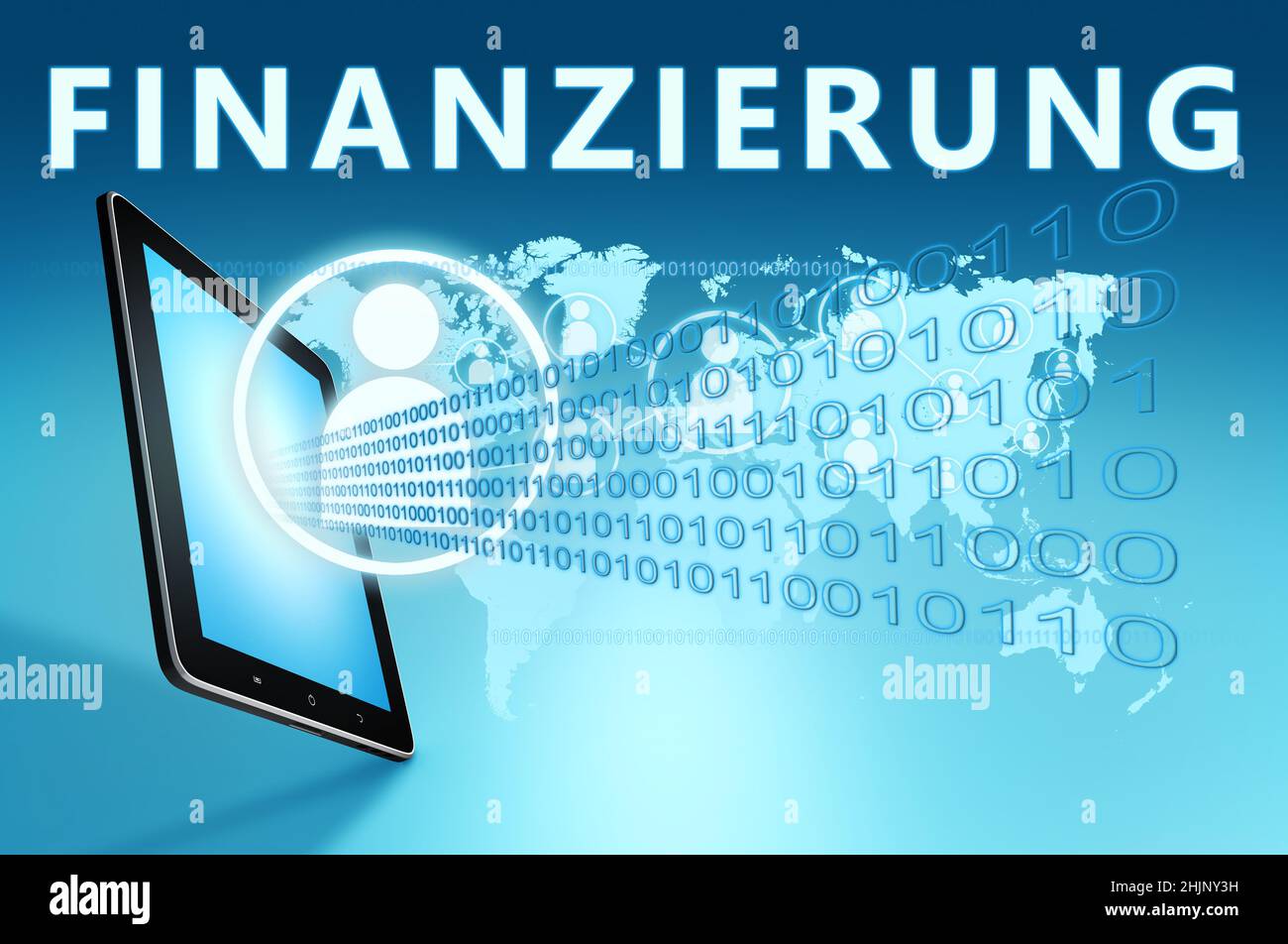 Finanzierung - palabra alemana para la financiación o la financiación - texto con iconos sociales y tablet ordenador sobre el fondo azul del mapa del mundo digital. 3D Render Ilus Foto de stock