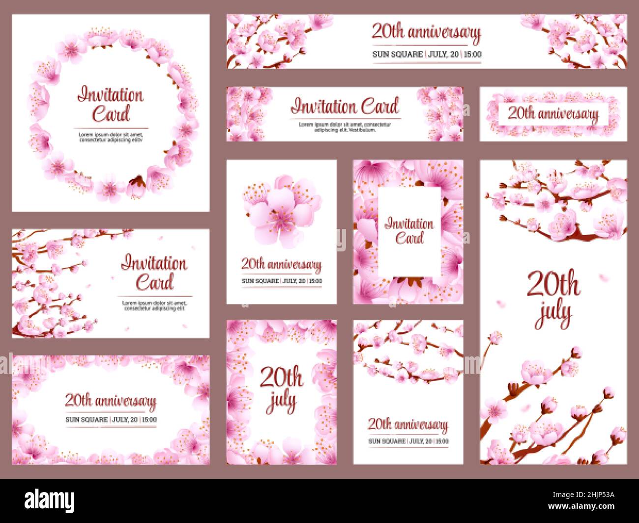 Tarjetas Sakura Blossom. Flores de cerezo, invitación de boda floral de  japón. Pétalos voladores, volantes de verano de primavera asiáticos  japoneses. Aniversario Swanky vector Imagen Vector de stock - Alamy