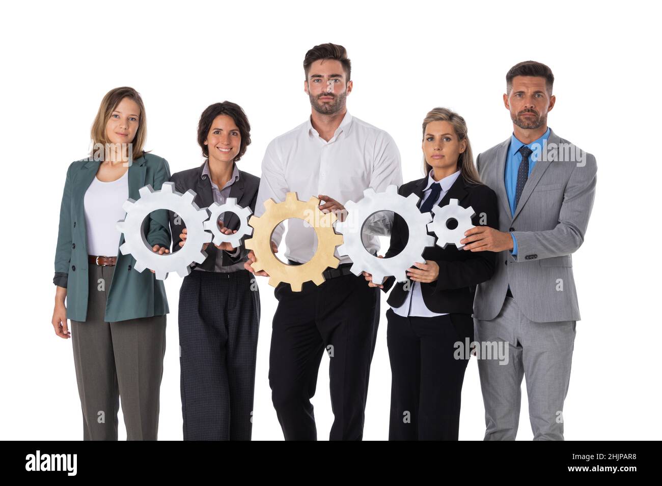 Grupo de empresarios felices que tienen ruedas de mano cooperación de trabajo en equipo oncept aislado sobre fondo blanco Foto de stock