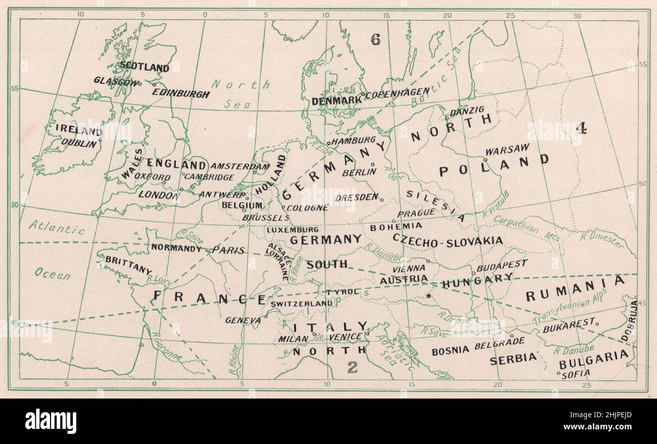 Mapa clave de los países y ciudades de Europa del Norte, Central y Occidental descrito por separado (1923) Foto de stock