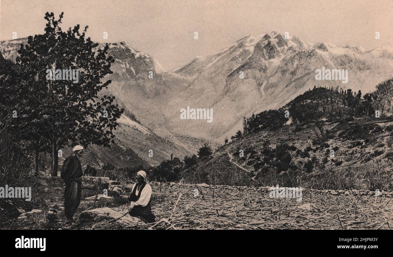 Herzegovina paisaje de montaña. Montañeros y cazadores de gamuzas frecuentan Jablanica donde los picos de la cordillera Prenj se extienden sobre el valle de Narenta (1923) Foto de stock