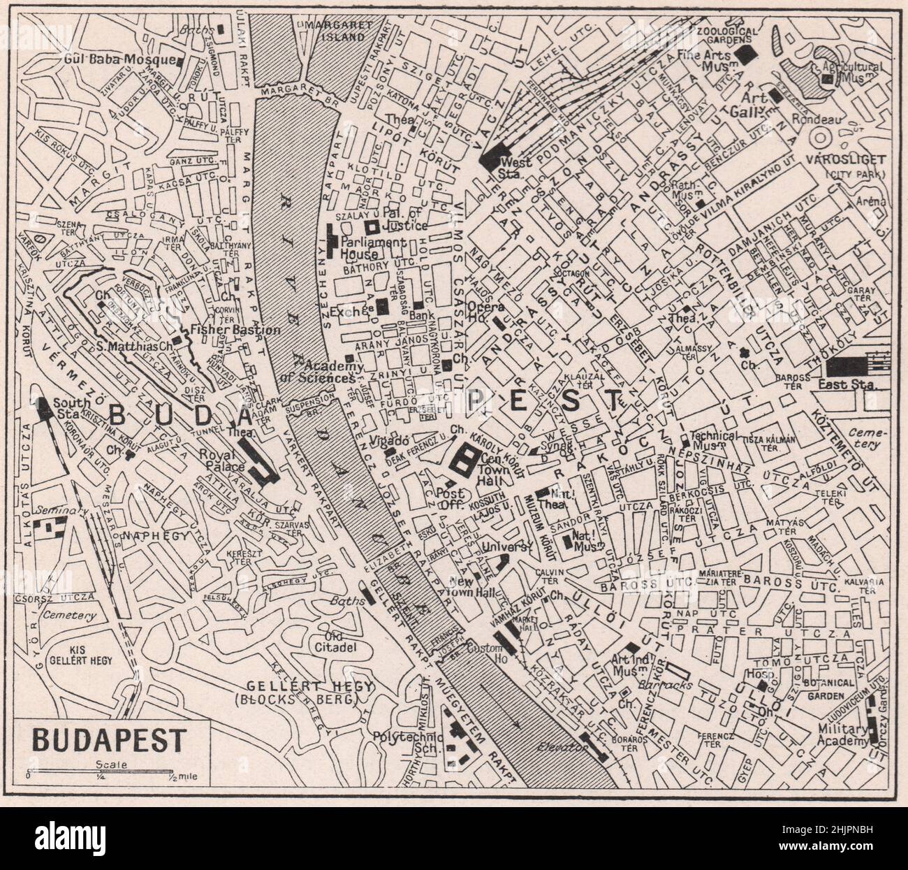 Ciudades gemelas de Buda y plagas divididas por el Danubio. Hungría. Budapest (1923 mapa) Foto de stock