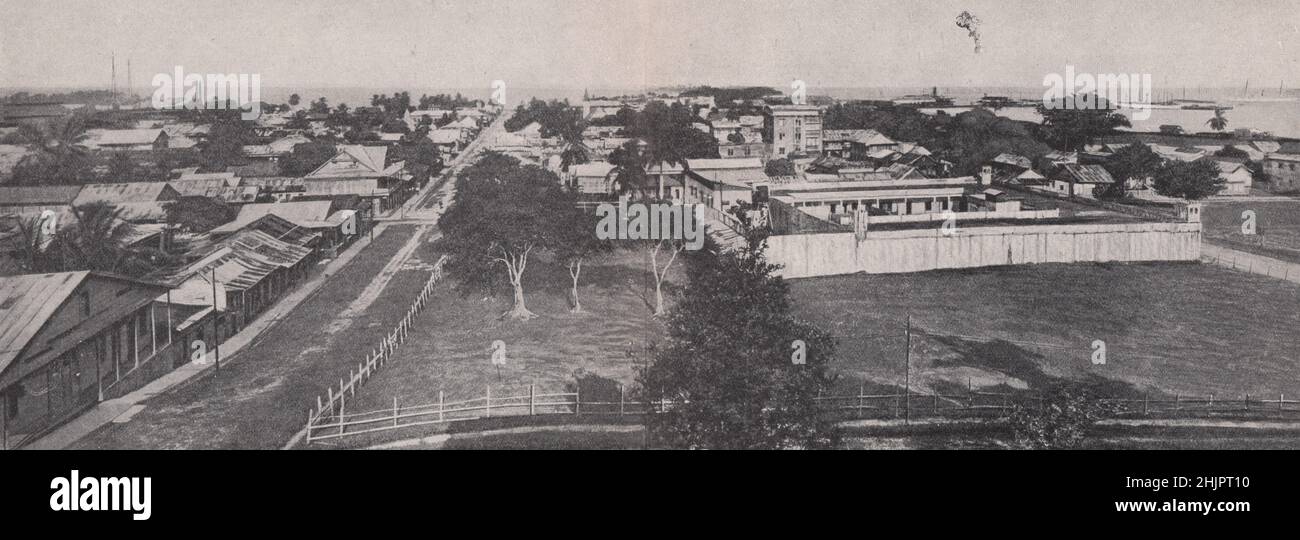 Avenida Grass-Grown que conduce a los muelles y al mar en Puerto Limón, el principal puerto atlántico de Costa Rica. América Central (1923) Foto de stock