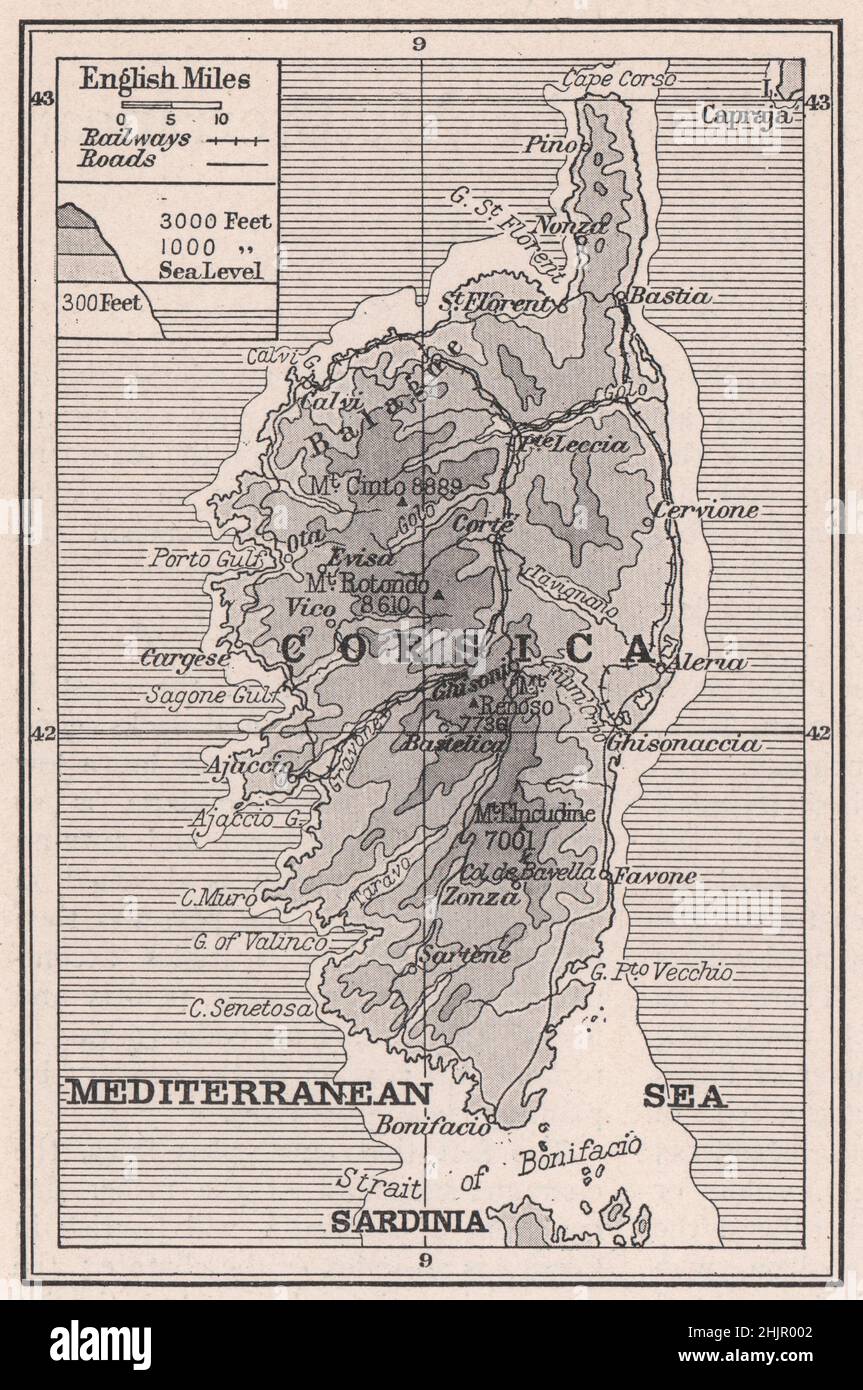 Gulfs y cabeceras de la Córcega Rocosa. Francia (1923 mapa) Foto de stock