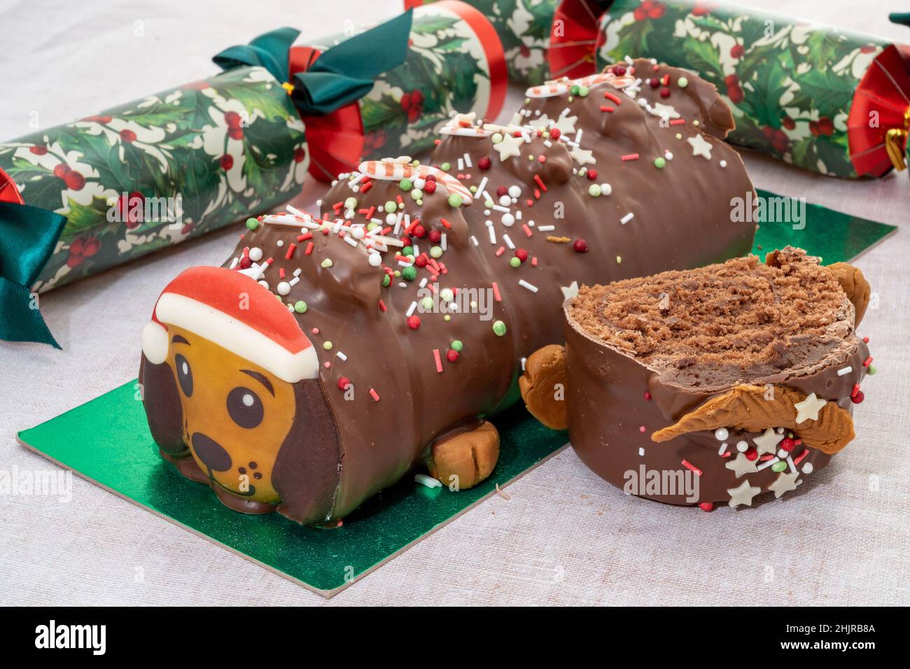 Un registro de yule de chocolate con forma de perro con temática navideña con galletas saladas Foto de stock