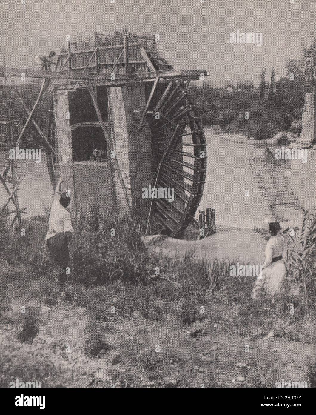 Una de las grandes ruedas de agua para riego en Antioch. Turquía (1923) Foto de stock