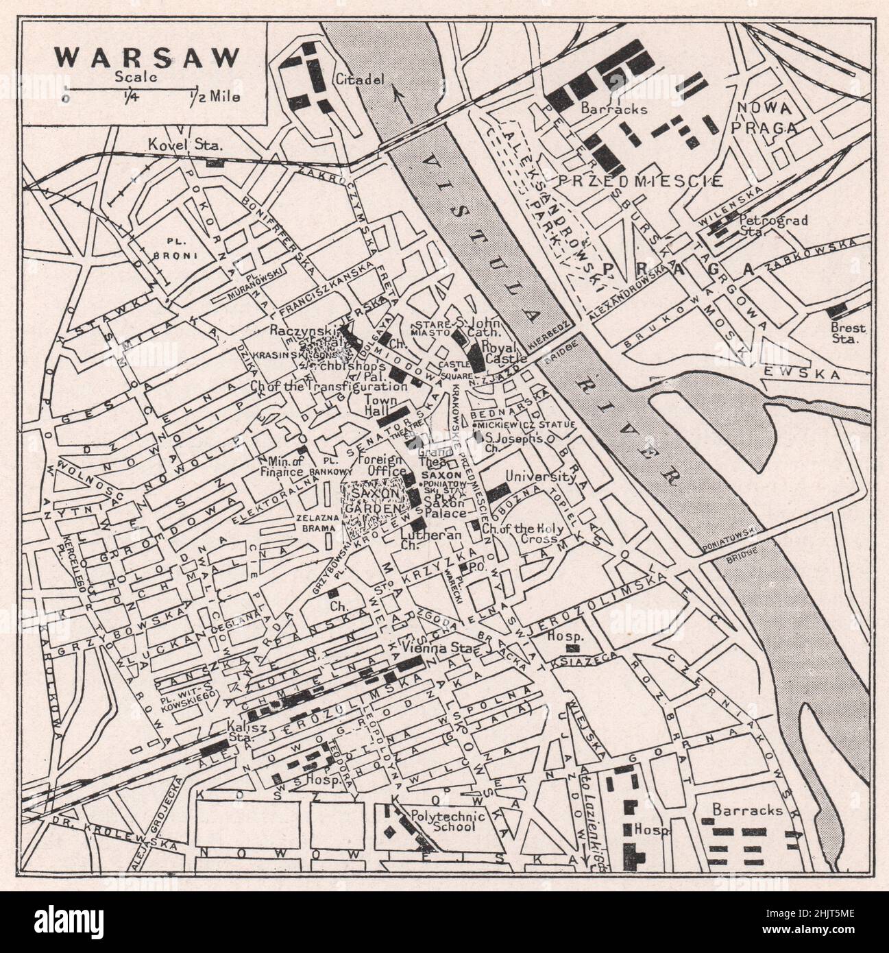 Varsovia y Praga divididas por el río Vístula. Polonia (1923 mapa) Foto de stock