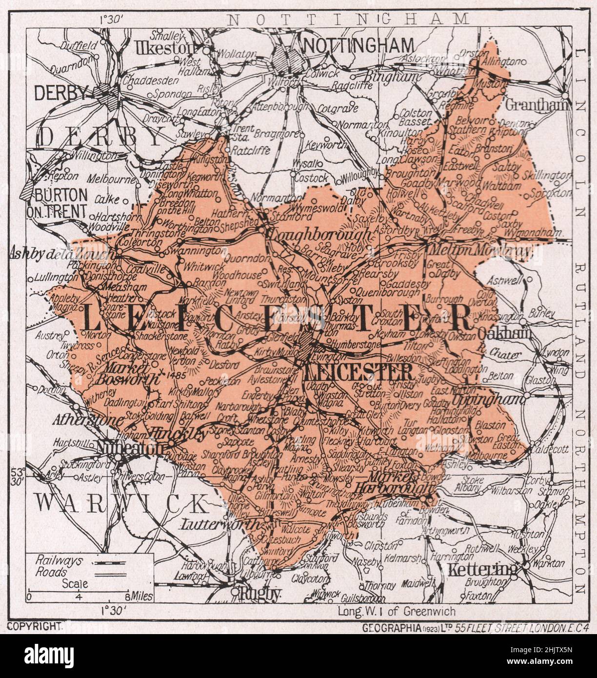 Mapa de Leicestershire (1913) Foto de stock