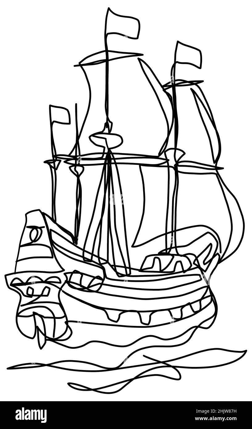 Dibujo de una línea del barco galleon Foto de stock