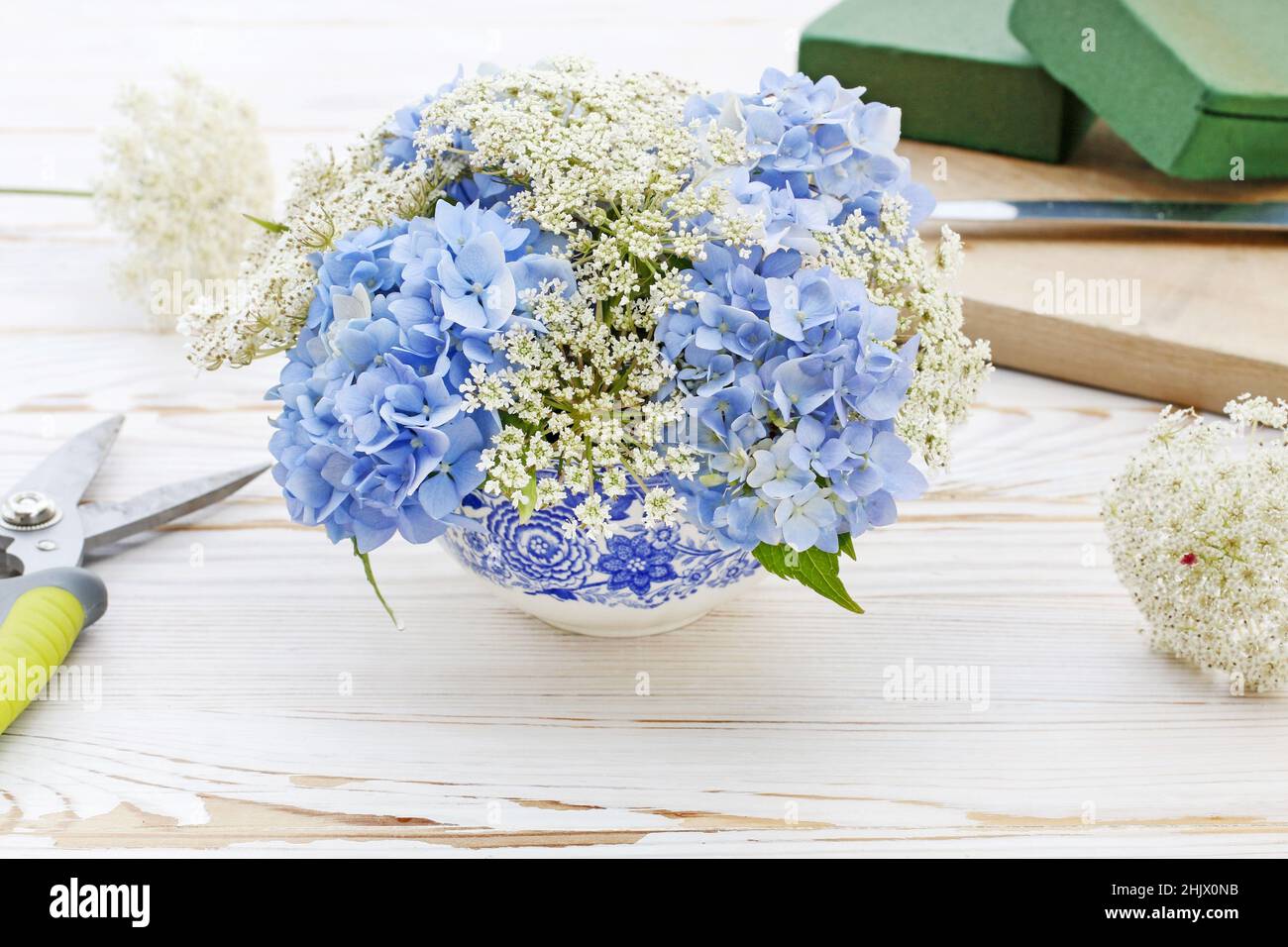 Floristería en wotk: Cómo hacer arreglos florales con flores azules de  hortensia (hydrangea) y encaje blanco de la reina Ana (daucus carota) sobre  una mesa de madera blanca. Paso a paso, tutorial