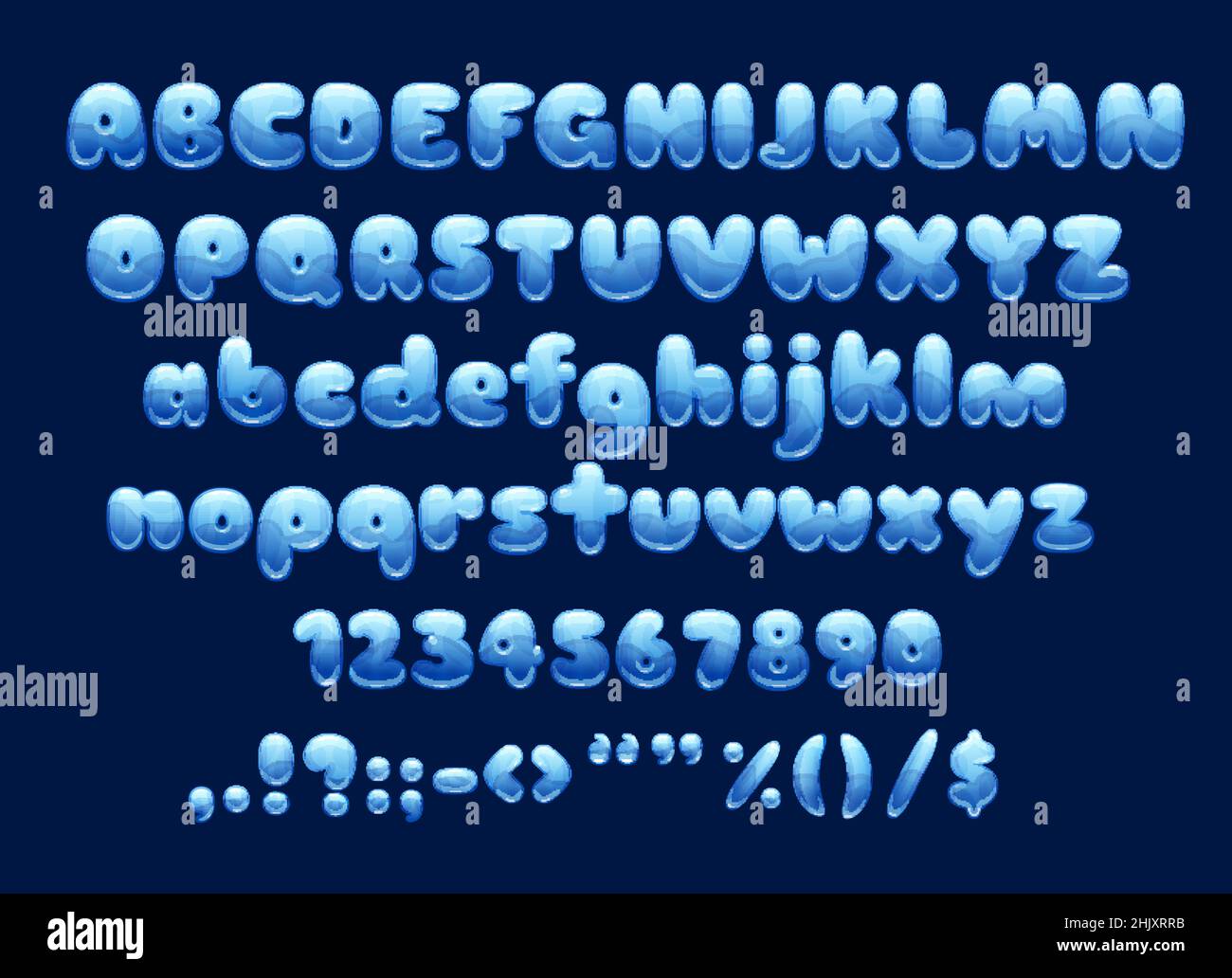 Fuente de burbujas de agua de dibujos animados y gotas. Letras, números