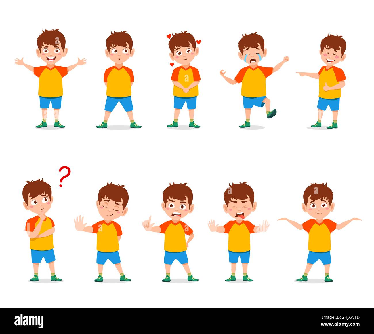 Niño de dibujos animados con diferentes emociones y expresiones. Coqueto  personaje vectorial para niños en camisa y pantalón corto con diferentes  caras de emoción. Feliz, triste, sonriente y Imagen Vector de stock -