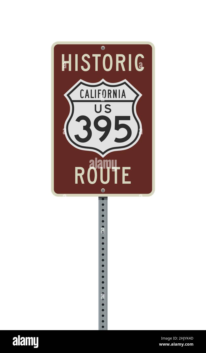 Ilustración vectorial de la histórica señal de carretera de la Ruta 395 de California en el poste metálico Ilustración del Vector