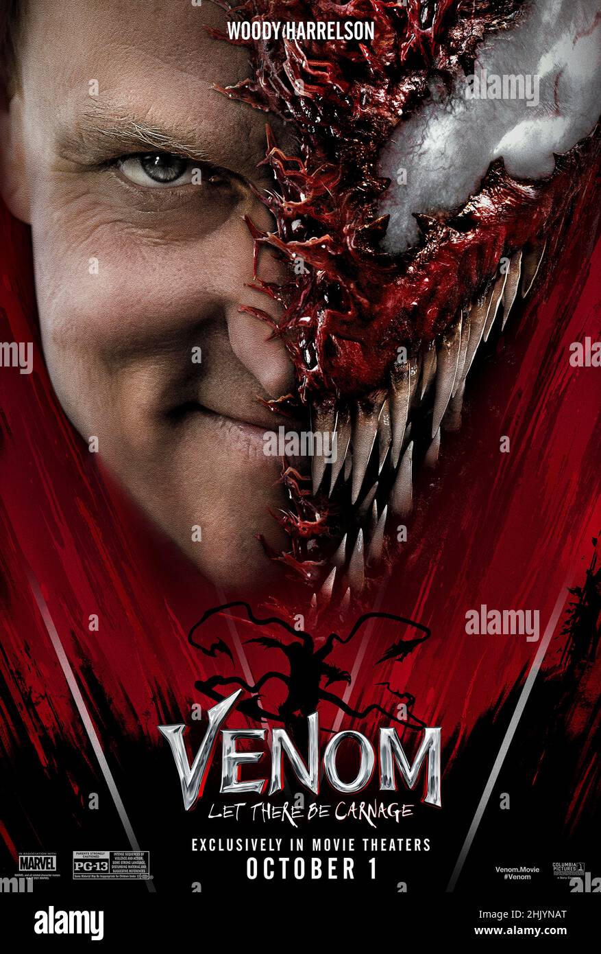 Venom: Deja que haya Carnage (2021) dirigida por Andy Serkis y protagonizada por Woody Harrelson, Tom Hardy y Michelle Williams. Venom vuelve a enfrentarse al villano Carnage en esta esperada secuela. Foto de stock
