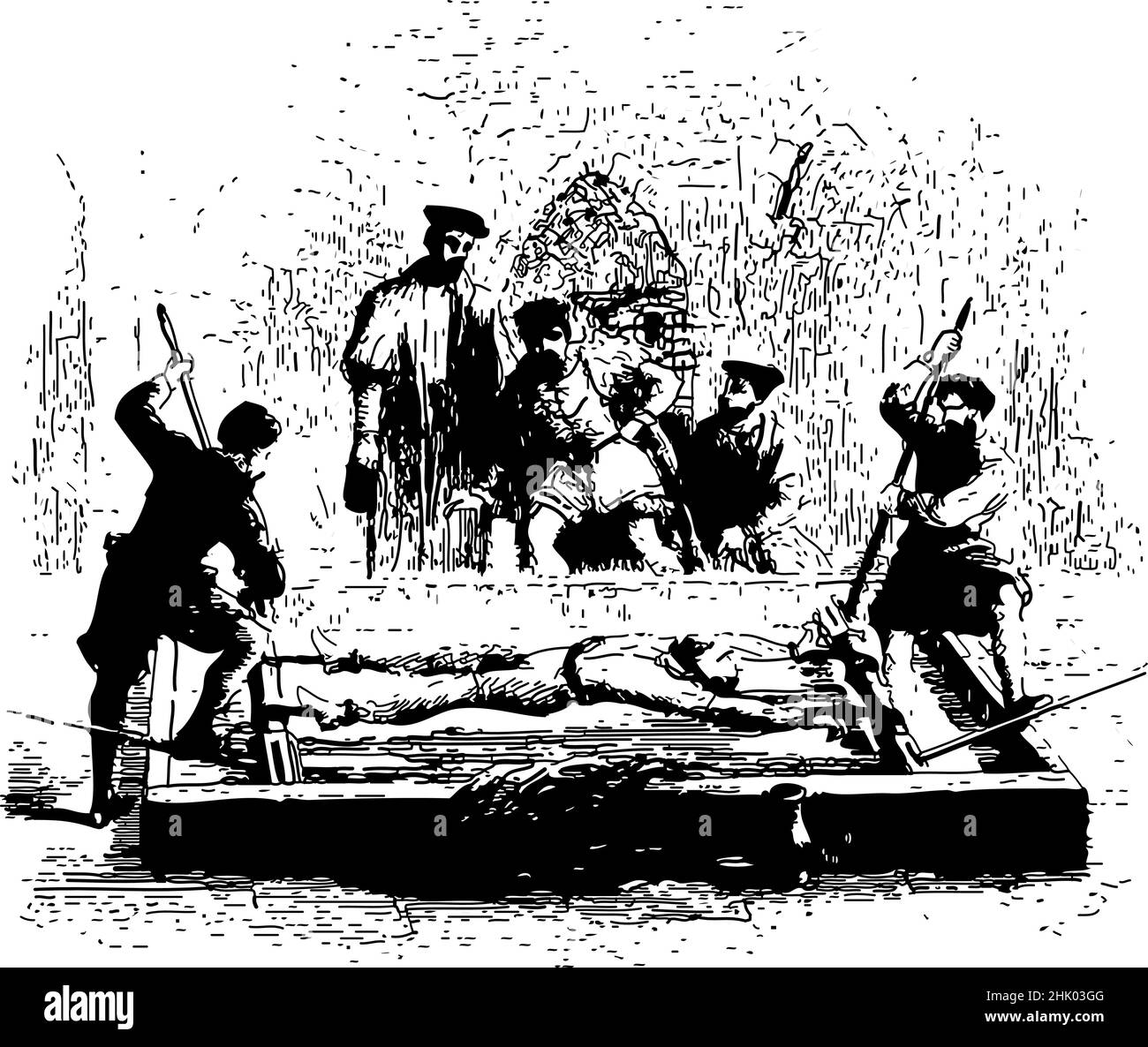 La tortura sádica de la era medieval de la Edad Media. Hombre estirado en un estante. Se utiliza para forzar confesiones o información, un medio de interrogatorio. Ilustración del Vector
