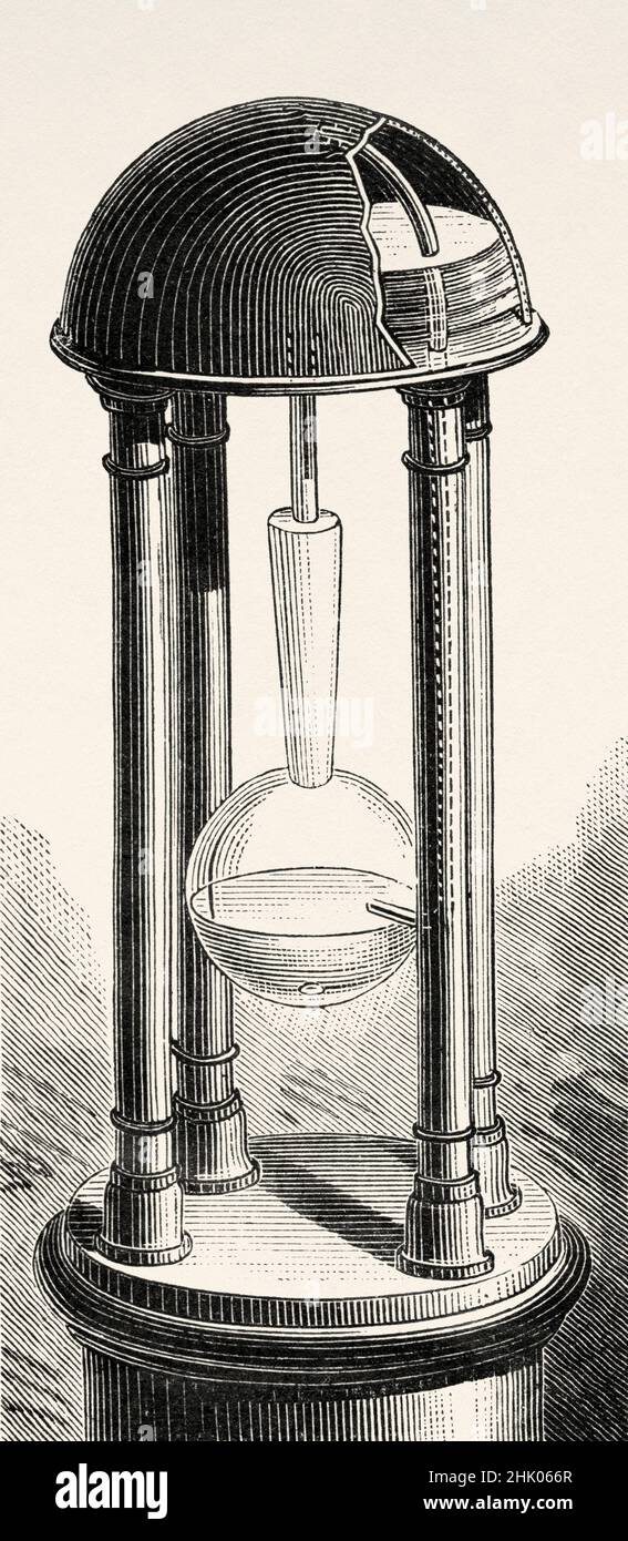Relojes hidráulicos, dispositivo de nivel constante de Filo de Bizancio. Antigua ilustración del siglo 19th grabada de La Nature 1884 Foto de stock